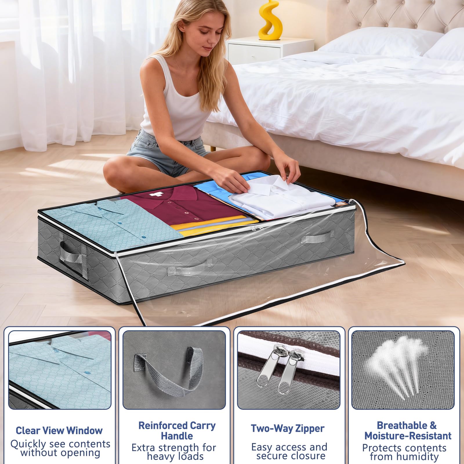Lychico 4 Pack Under-Bed Storage Bags - 90L Capacity, Breathable Fabric, Gray 3