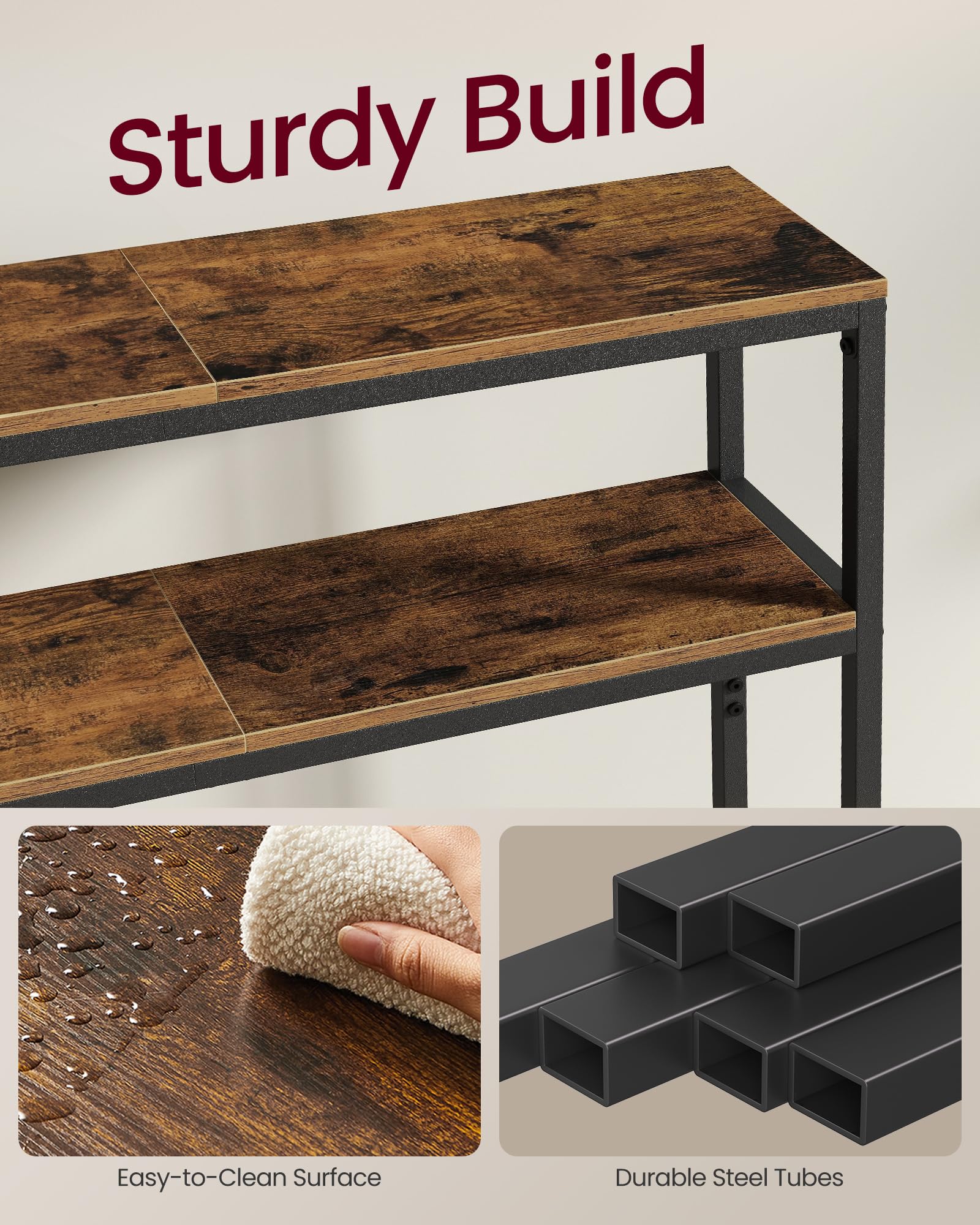 VASAGLE Console Table - 2-Tier Slim Sofa Table | 80 x 80 x 20 cm | Rustic Brown/Ink Black 4