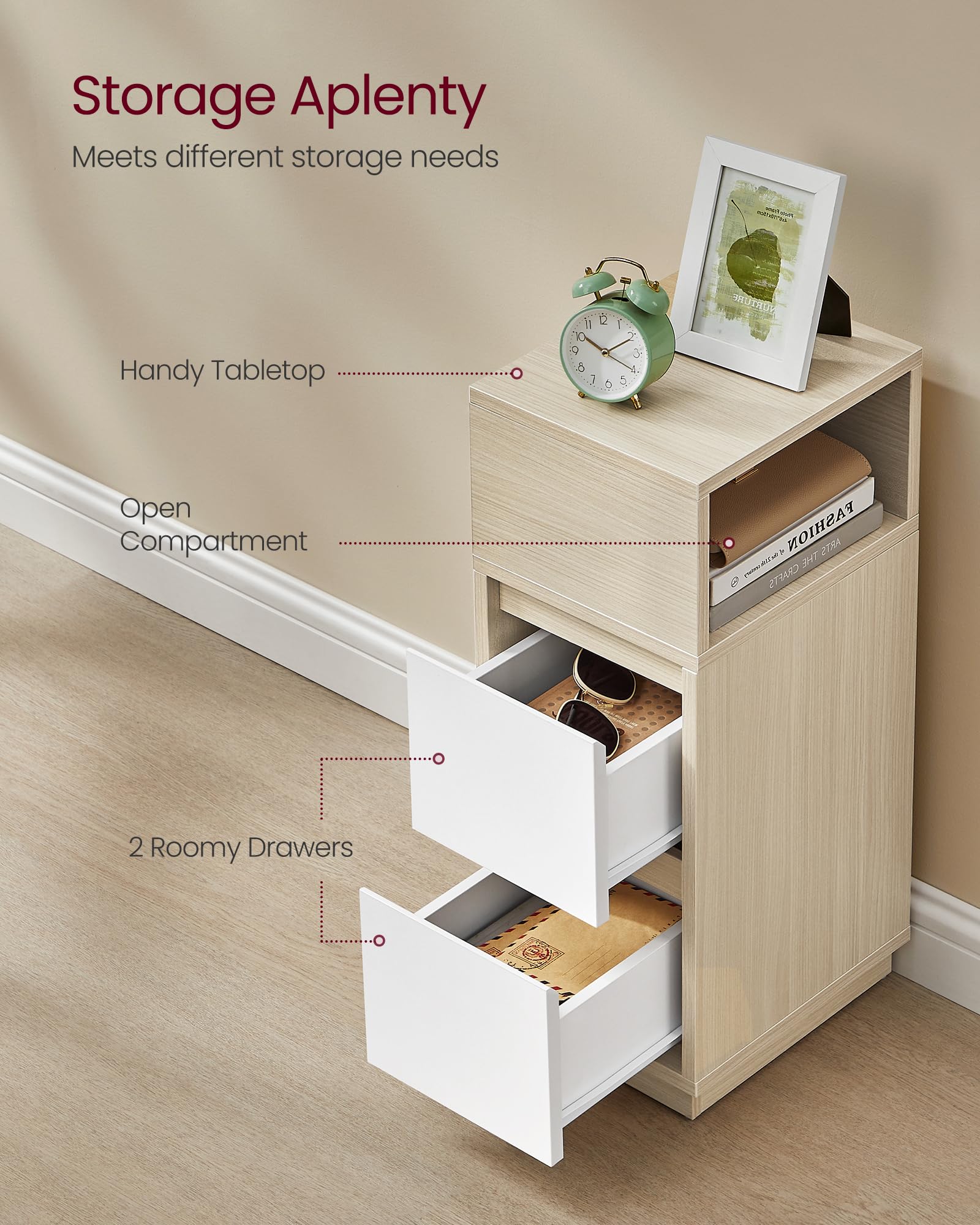 VASAGLE KAILYN Collection - Set of 2 Slim Bedside Tables | Natural Beige + Cloud White | 30x25x65 cm 5