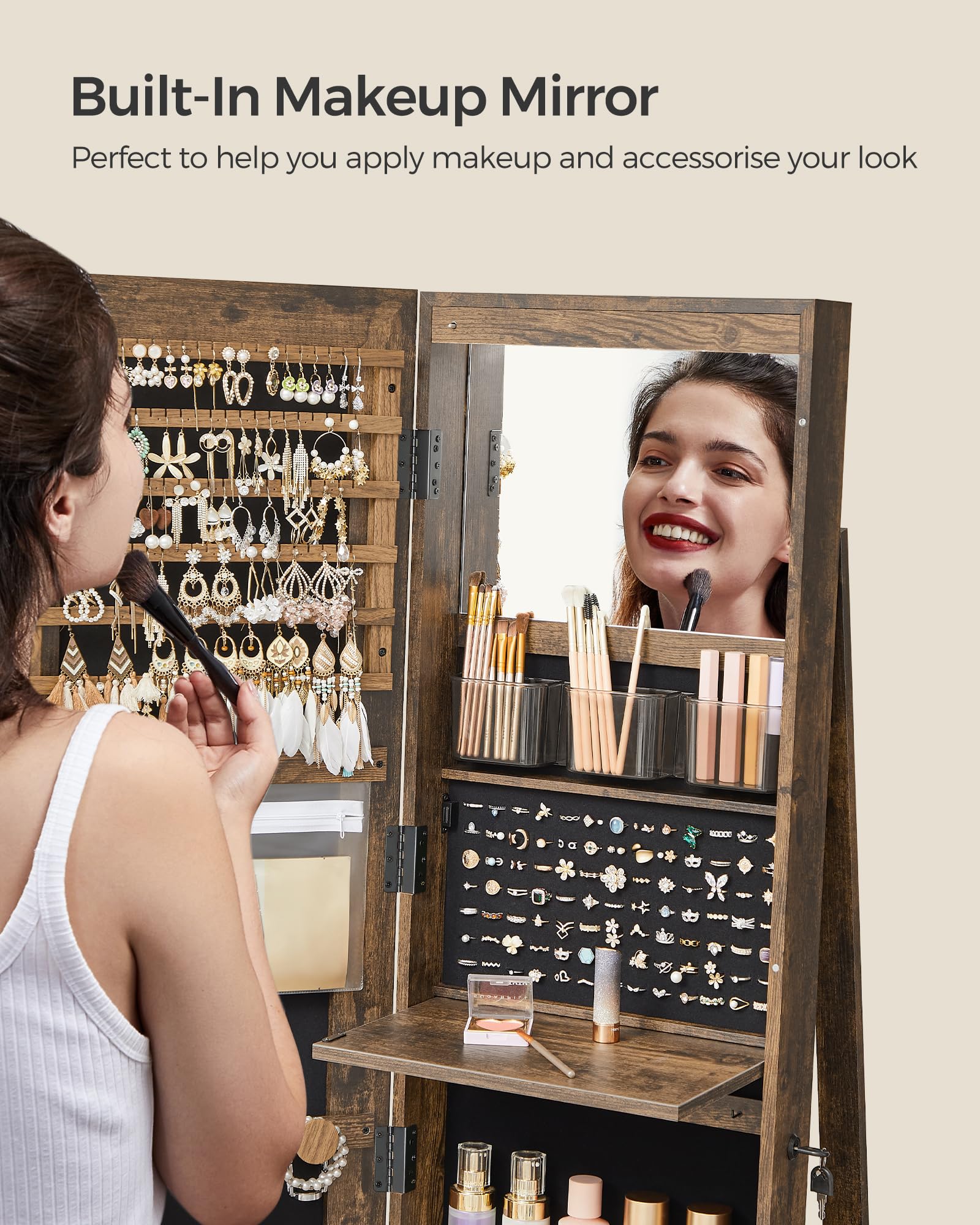 SONGMICS Lockable Full-Length Mirror Jewellery Cabinet - 6 LEDs, 360° Swivel, Rustic Brown | 54.5 x 162 cm 6