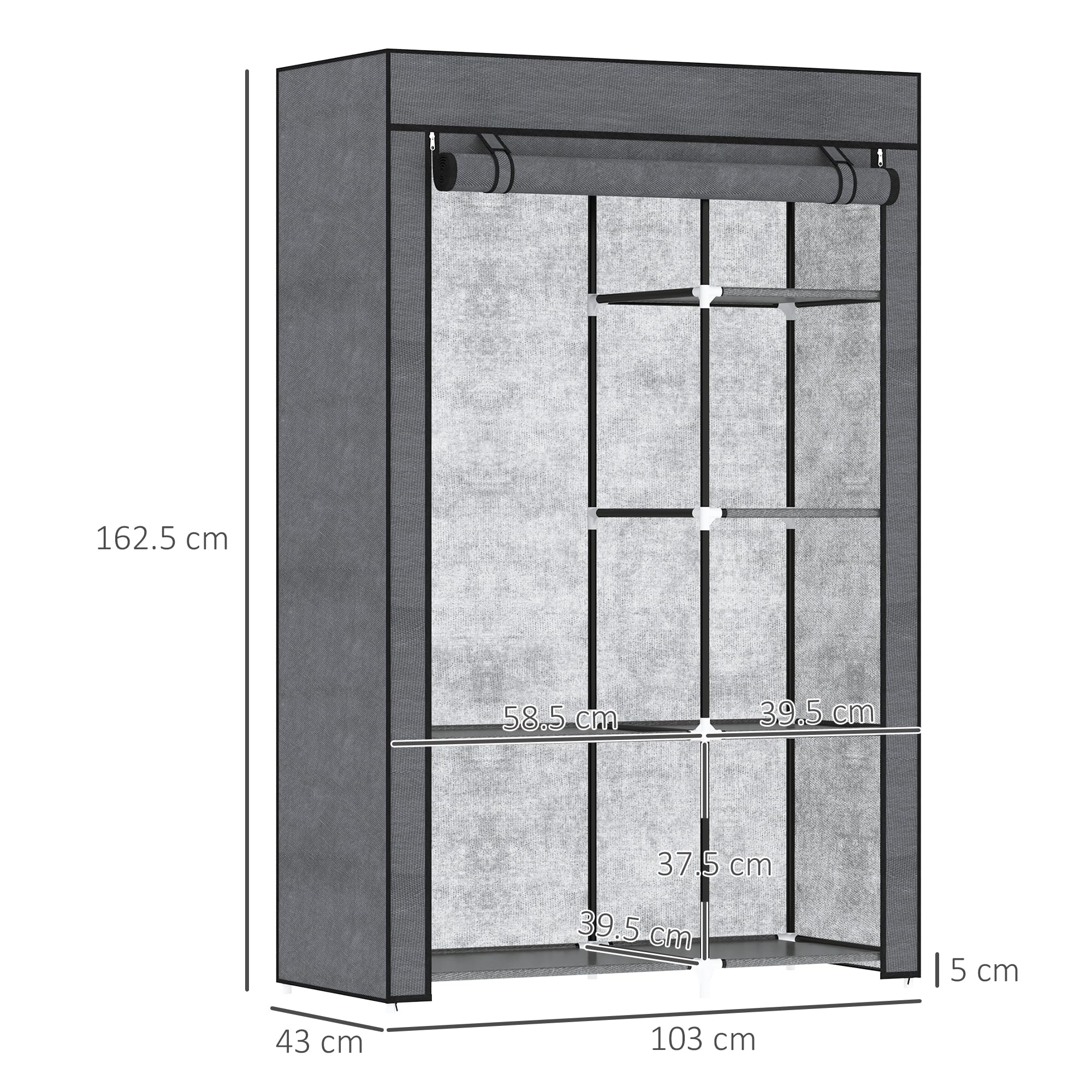 HOMCOM Portable Fabric Wardrobe - 6 Shelves, Hanging Rail | Dark Grey | 103W x 43D x 162.5H cm 7