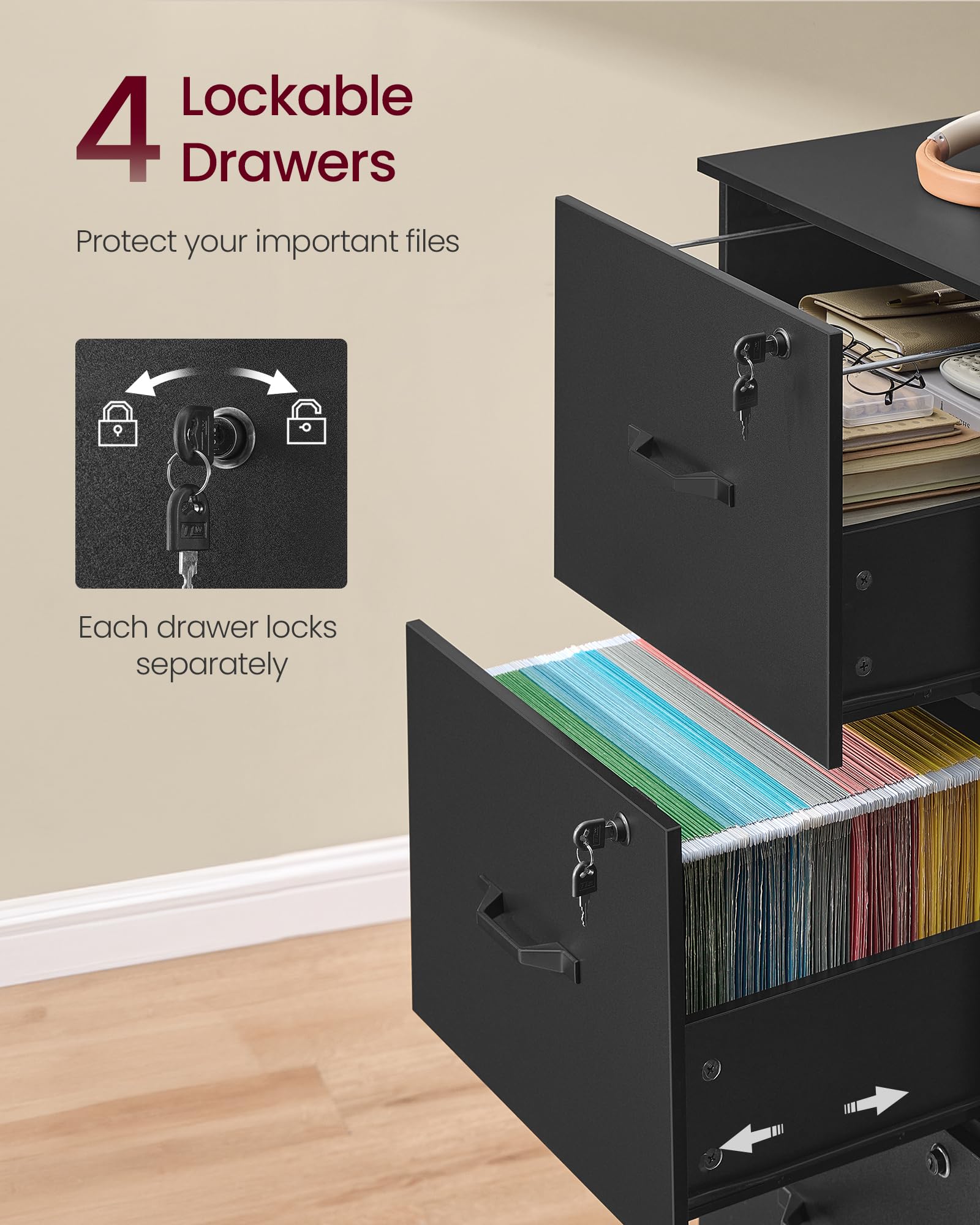 VASAGLE Vertical File Cabinet - 4 Lockable Drawers | A4 & Letter Size | Ink Black | OFC082B02 4