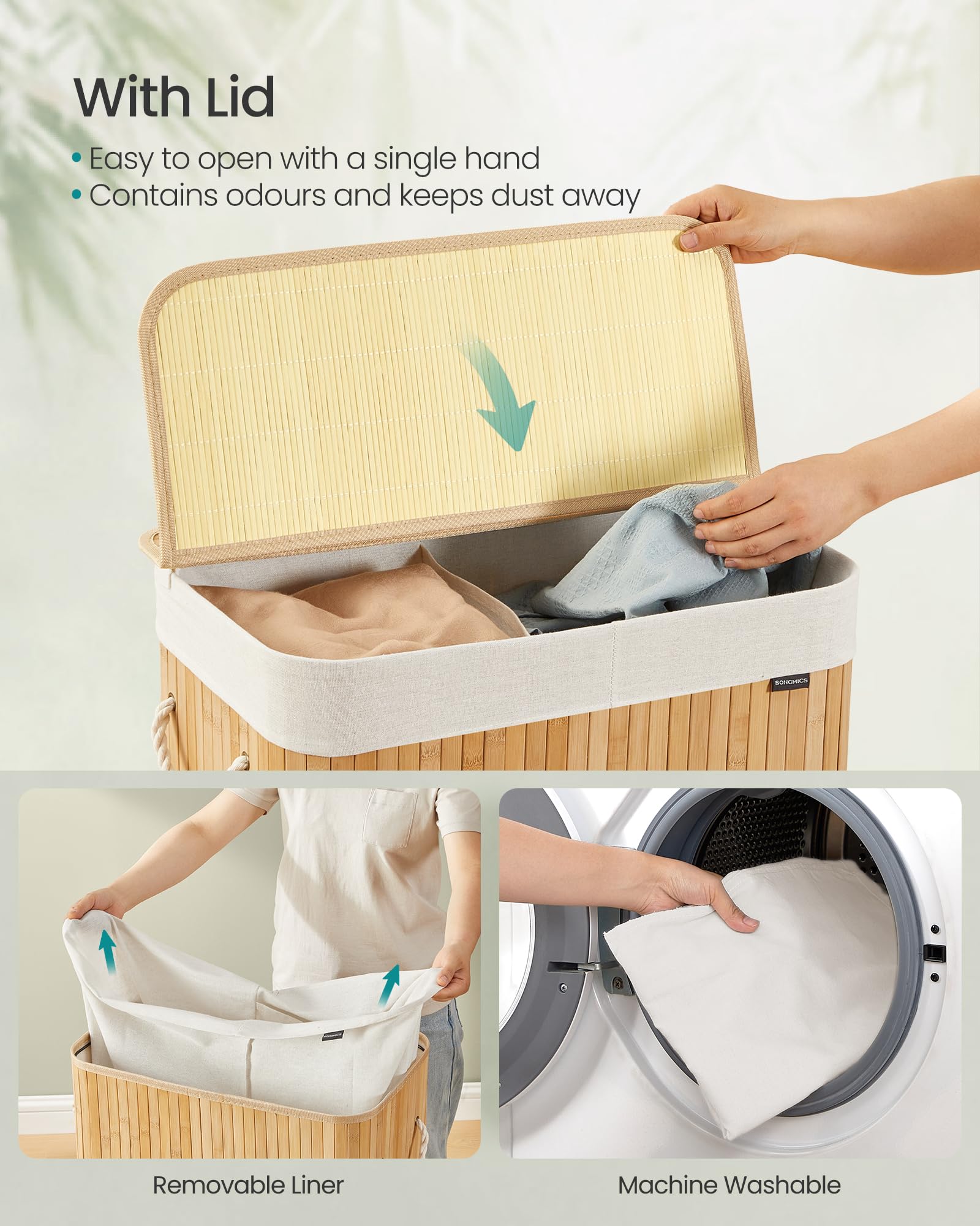 SONGMICS 100L Bamboo Laundry Basket with 2 Compartments | Foldable | Removable Washable Liner 3