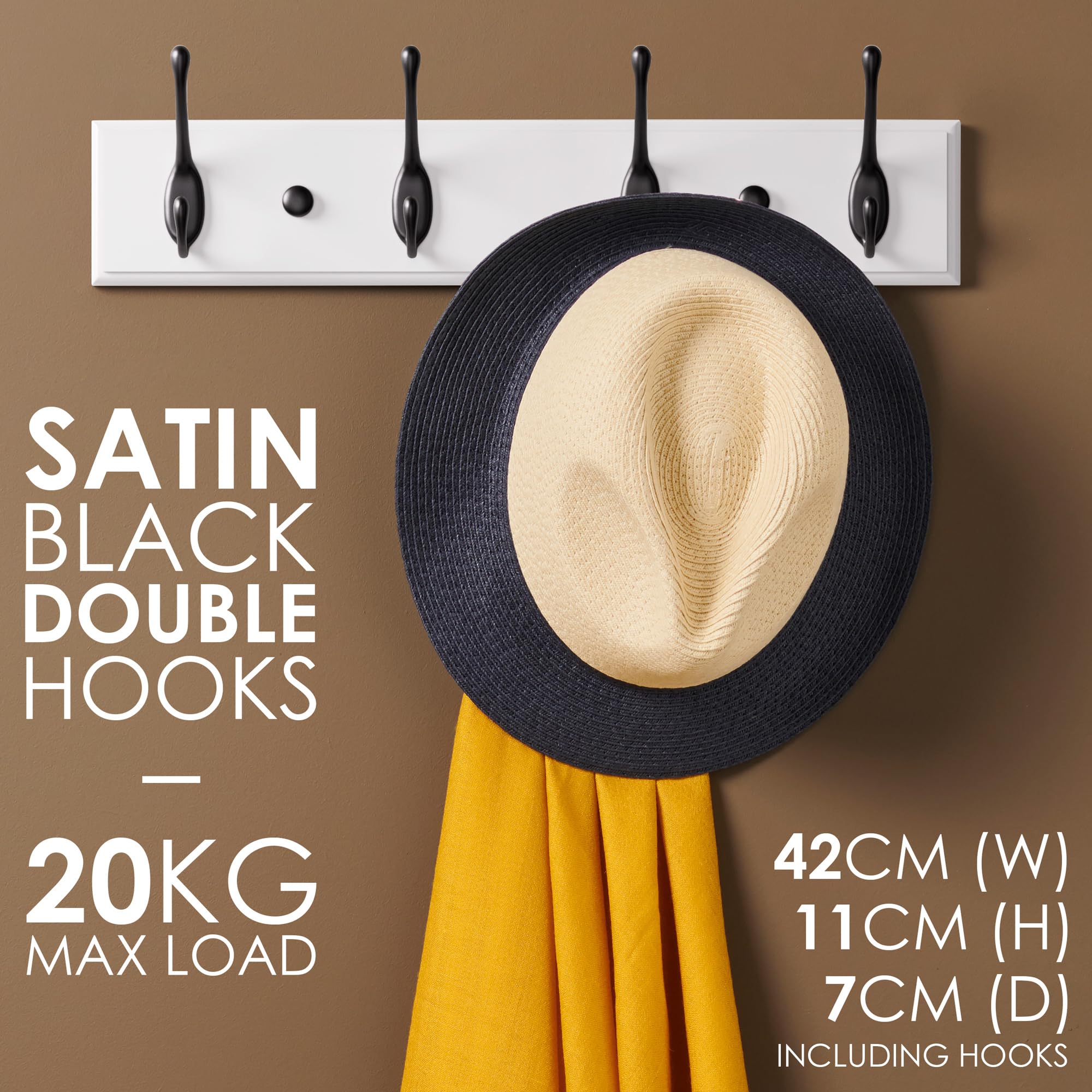 LARHN White Bamboo Wall Coat Rack - 4 Heavy-Duty Black Hooks | 42 cm Wide