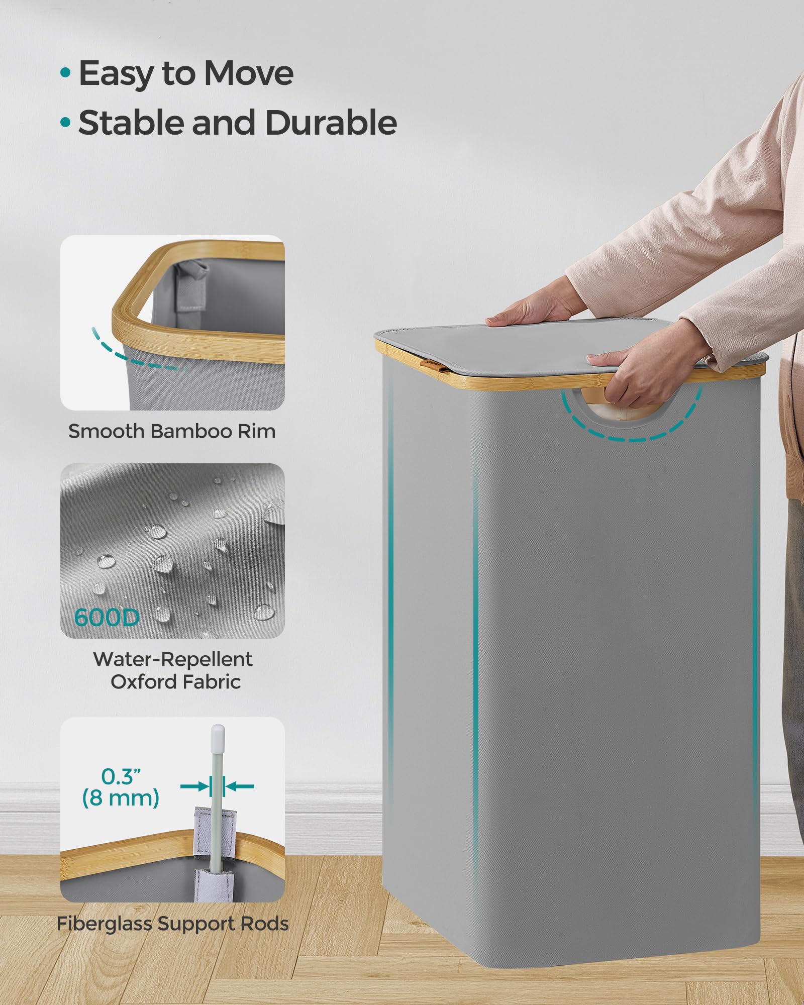 SONGMICS 2-Section Laundry Basket - 130L Capacity, Collapsible, Dove Grey | Oxford Fabric 7