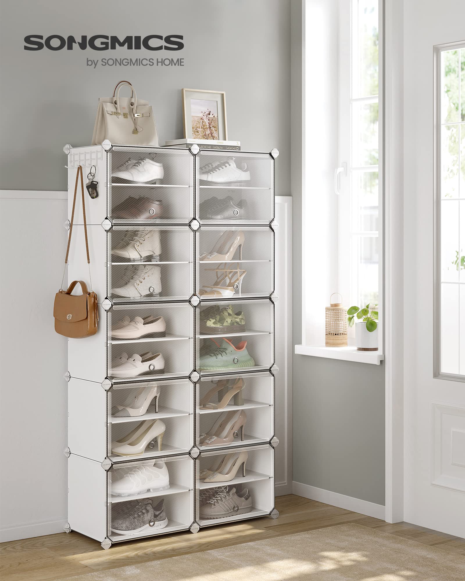 SONGMICS Modular Interlocking Shoe Rack - 10 Slots | Steel Frame & Plastic Panels | White 2