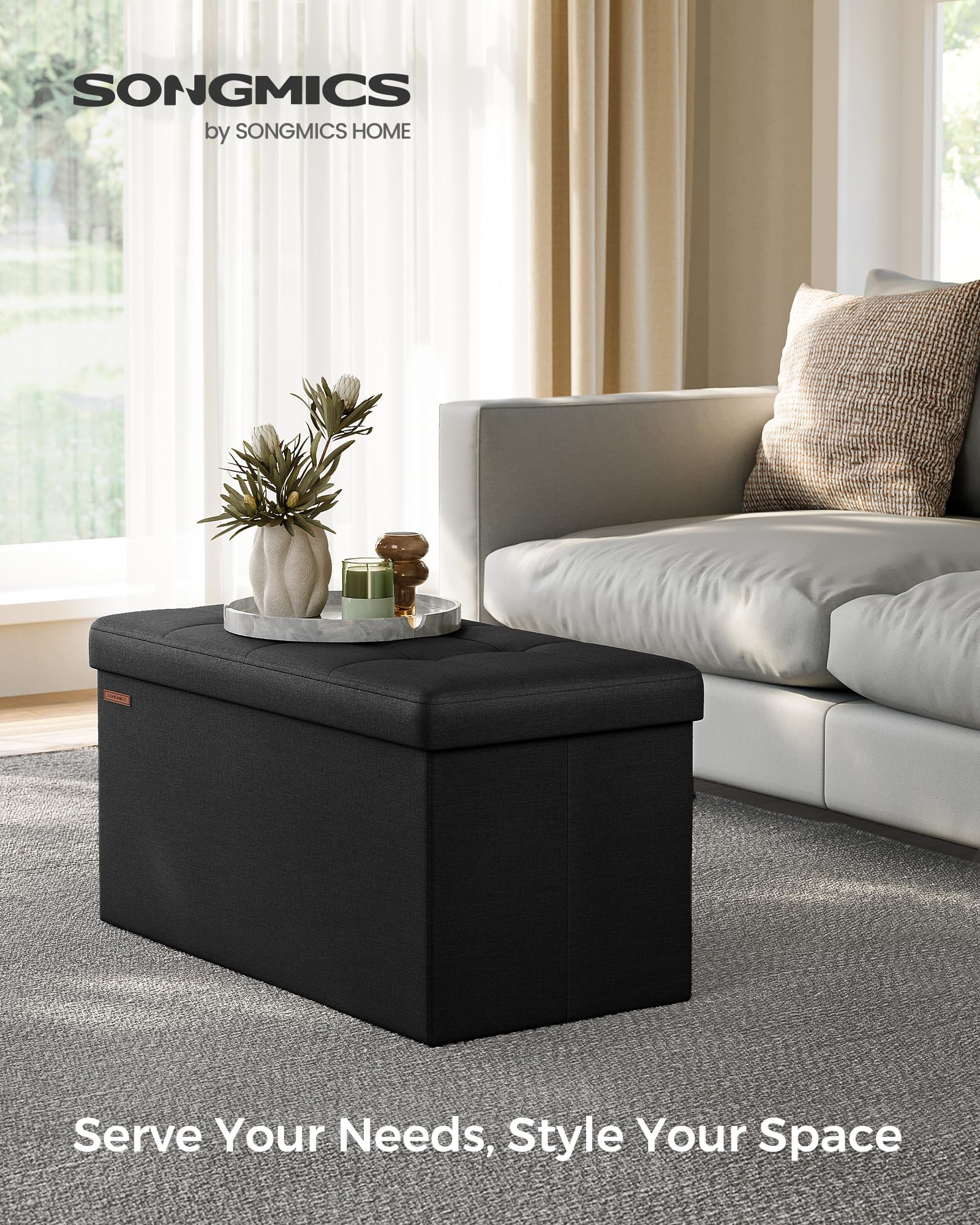 SONGMICS MAZIE Storage Ottoman Bench - 76 cm Folding Foot Rest | 89L Capacity | Ink Black 3