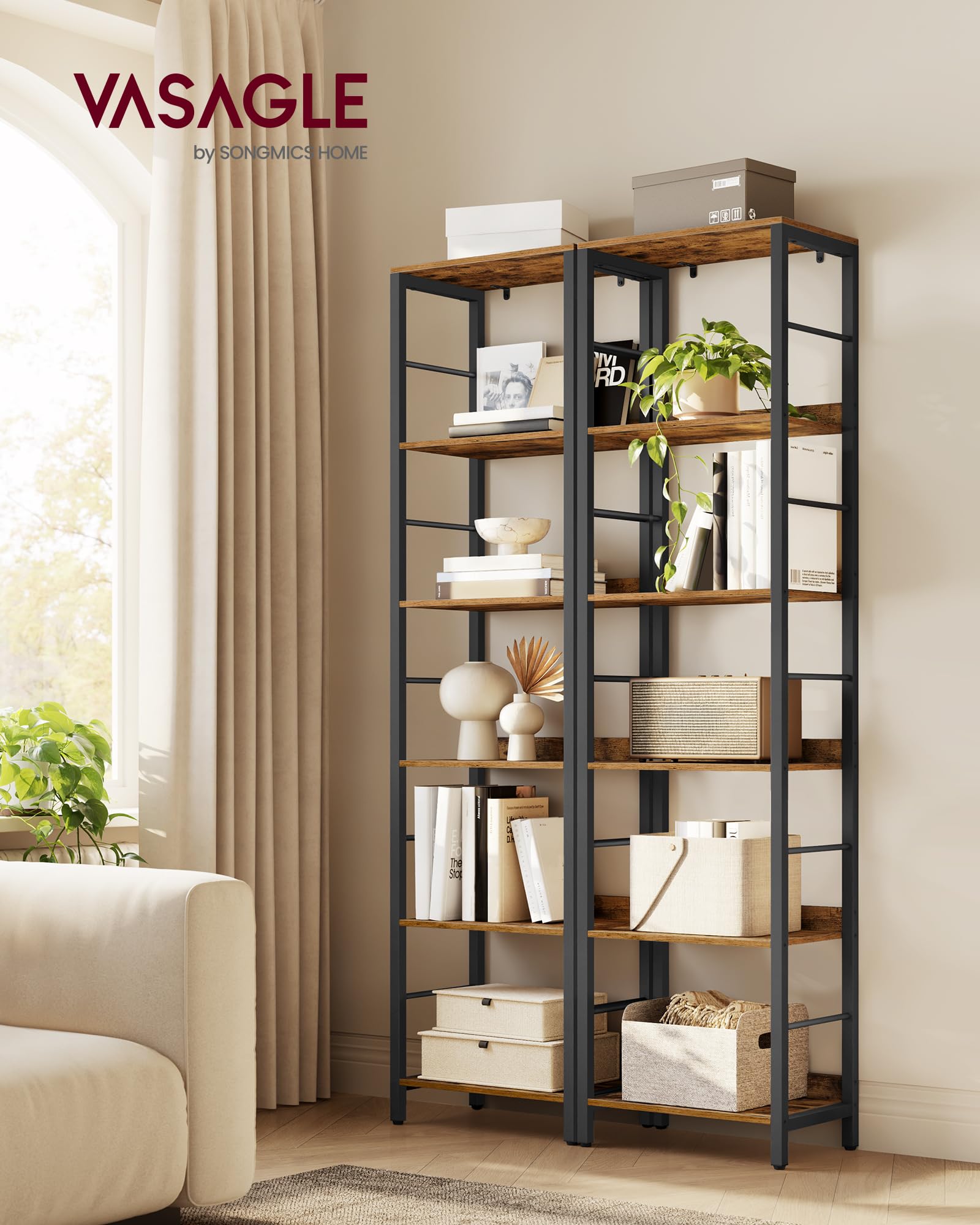 VASAGLE 6-Tier Bookcase - Rustic Brown/Ink Black | 30x40x178 cm | Heavy Duty Steel Frame 2