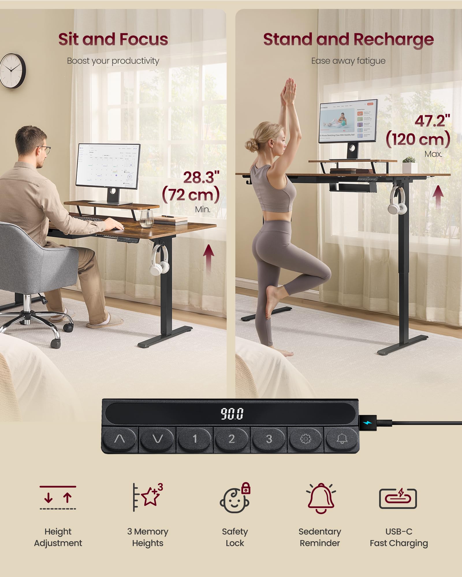 VASAGLE Electric Standing Desk - Height Adjustable 140 x 70 cm | 3 Memory Presets | Rustic Brown 6