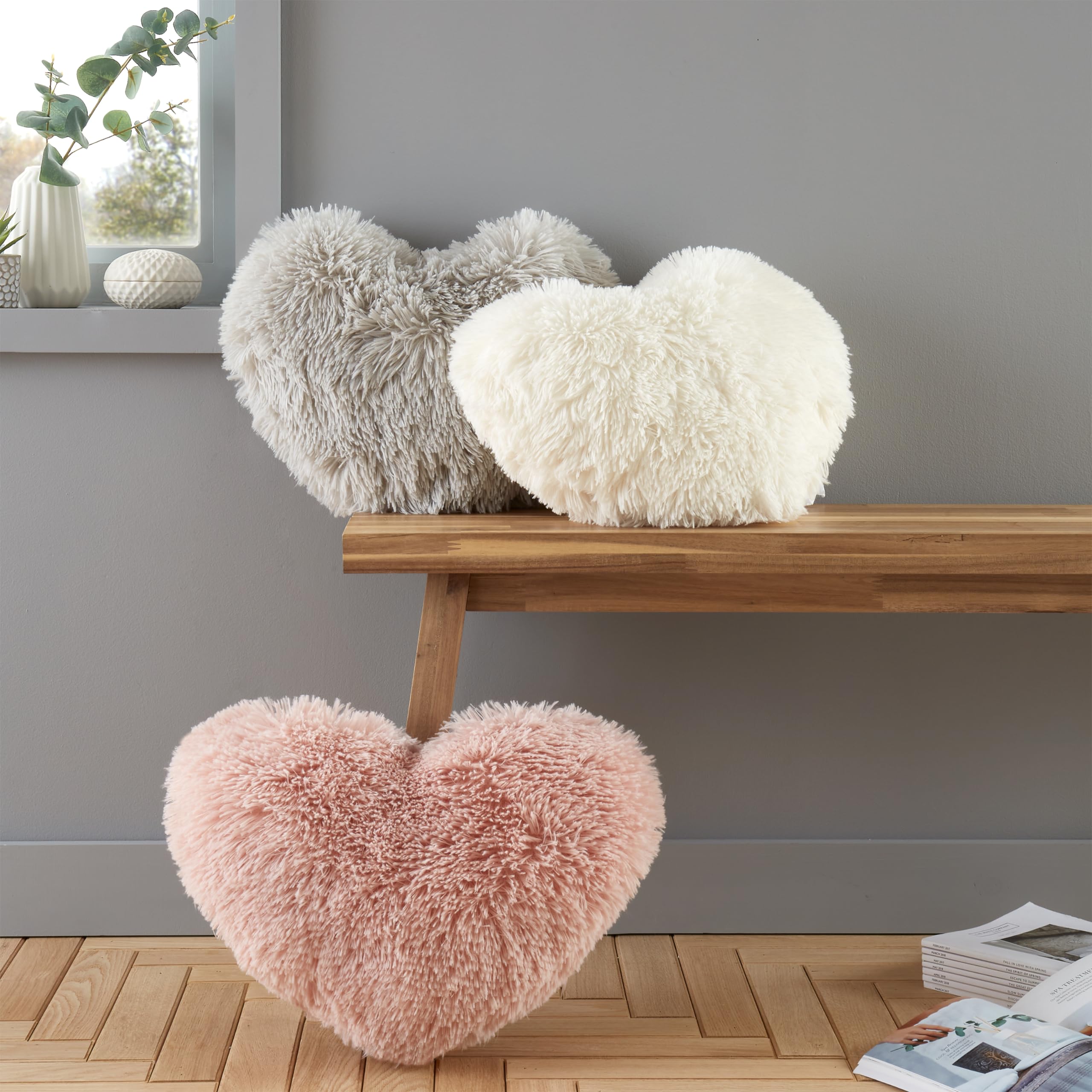 Catherine Lansfield Faux Fur Heart Shaped Cushion - Soft Deep Pile | Cream | 35x29cm 3
