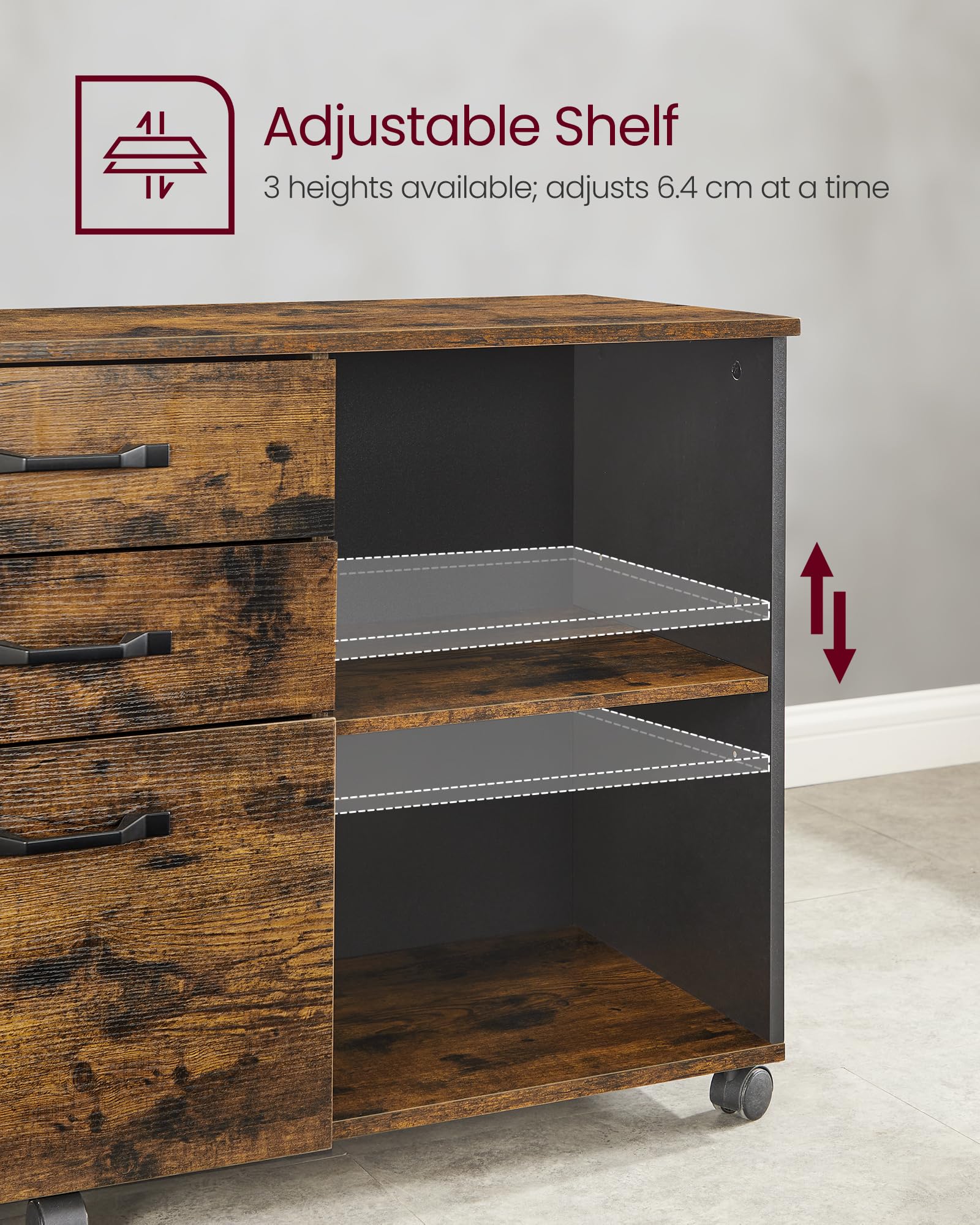 VASAGLE 3 Drawer Mobile File Cabinet | Lateral Open Compartments | Rustic Brown+black 6