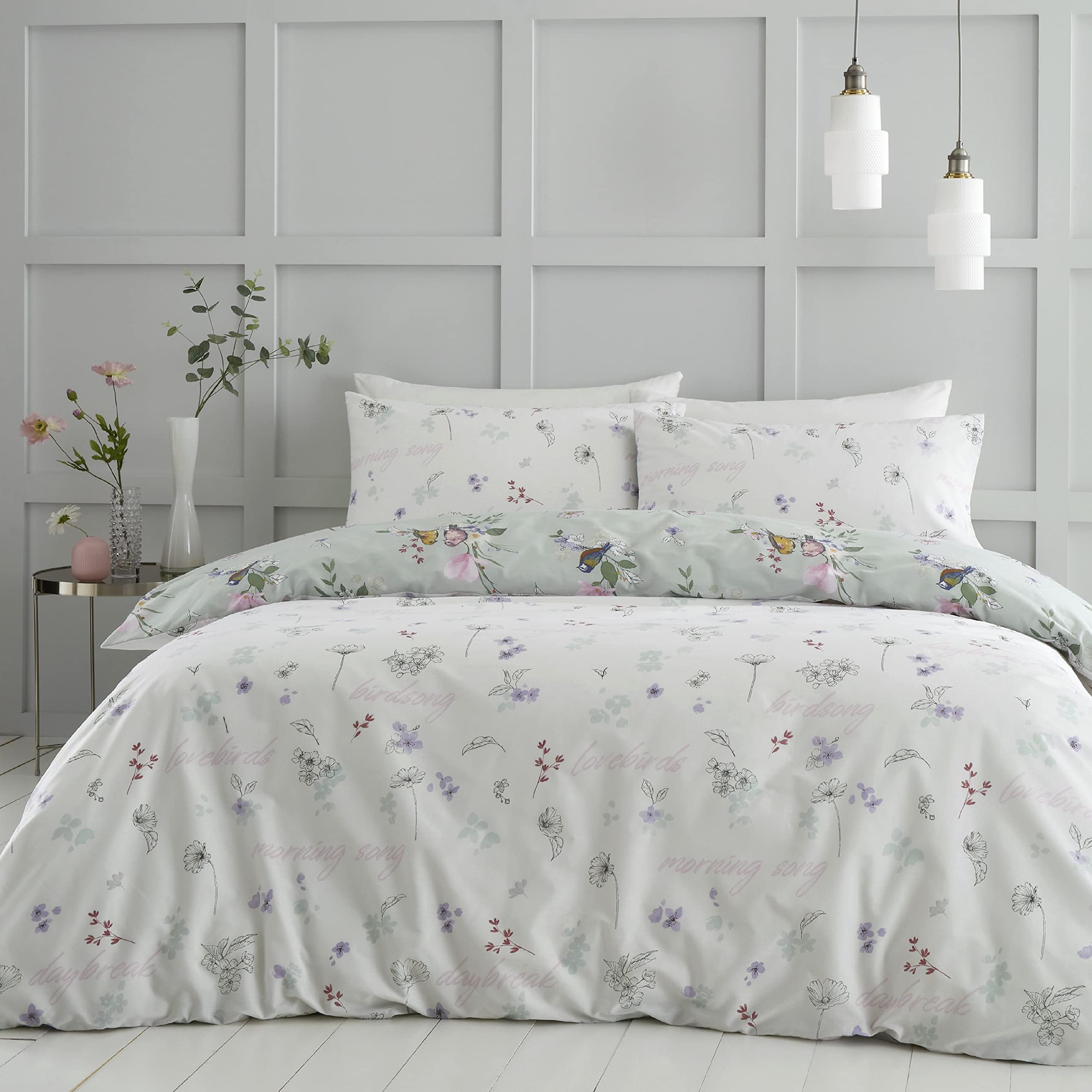 Catherine Lansfield Songbird Duvet Cover Set | King Size | Sage Green | Polycotton 2