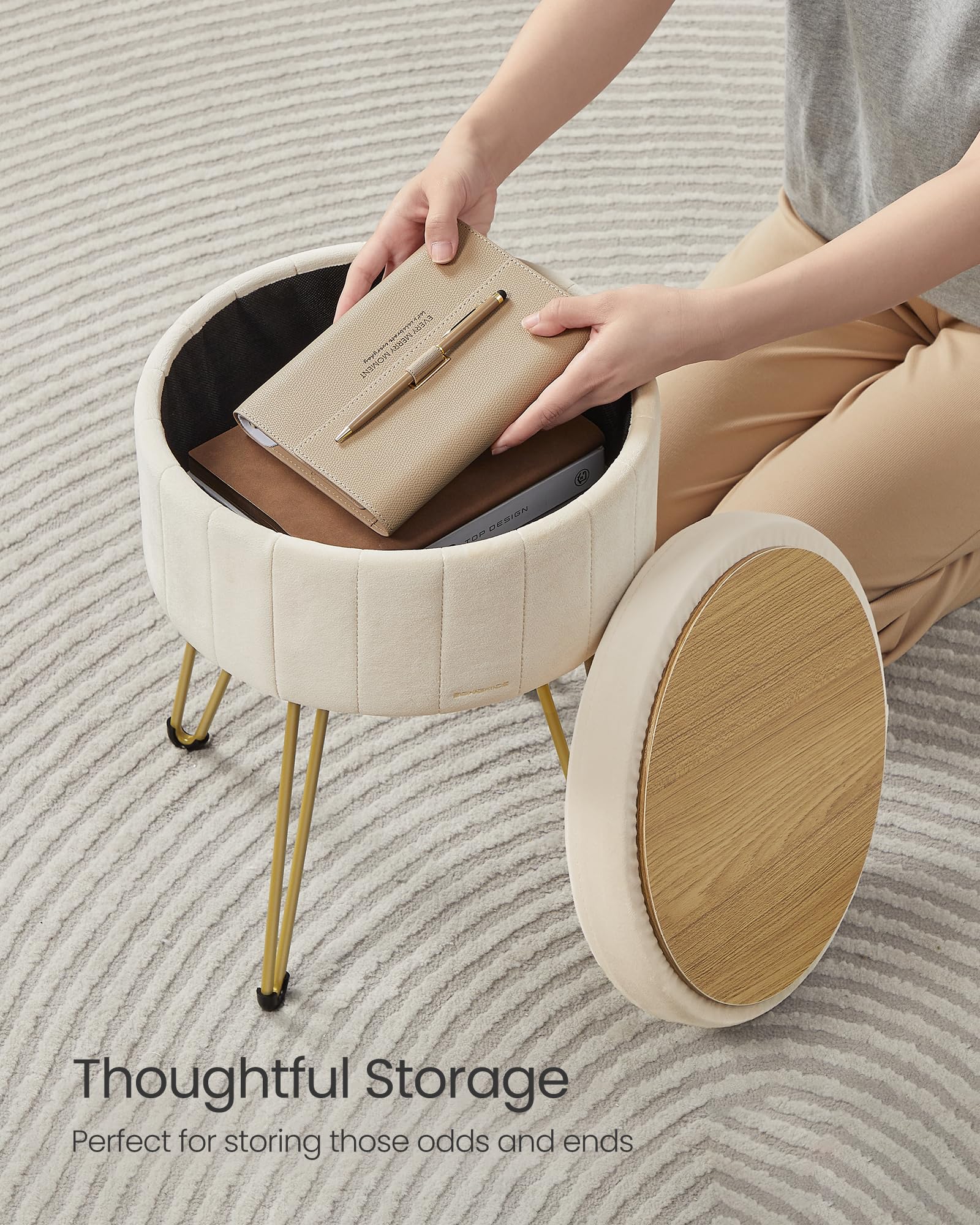SONGMICS Storage Ottoman - Velvet Dressing Table Stool | 39 x 44.4 cm | Cloud White 6