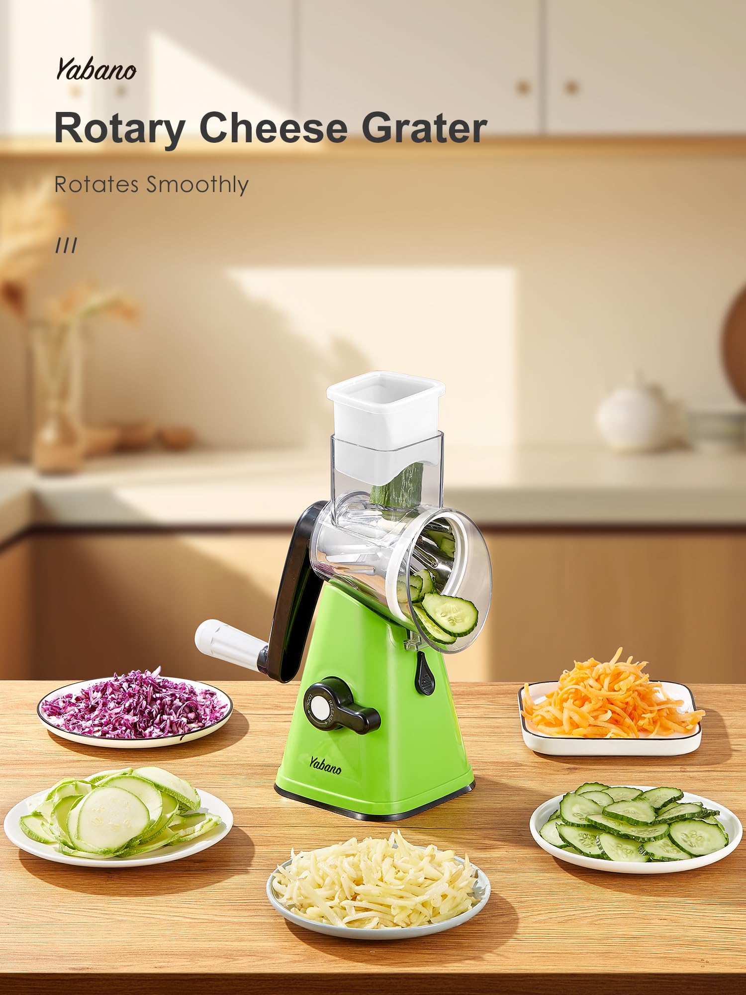 Yabano Rotary Cheese Grater - Vegetable Slicer with 3 Replaceable Stainless Steel Blades | Green 8