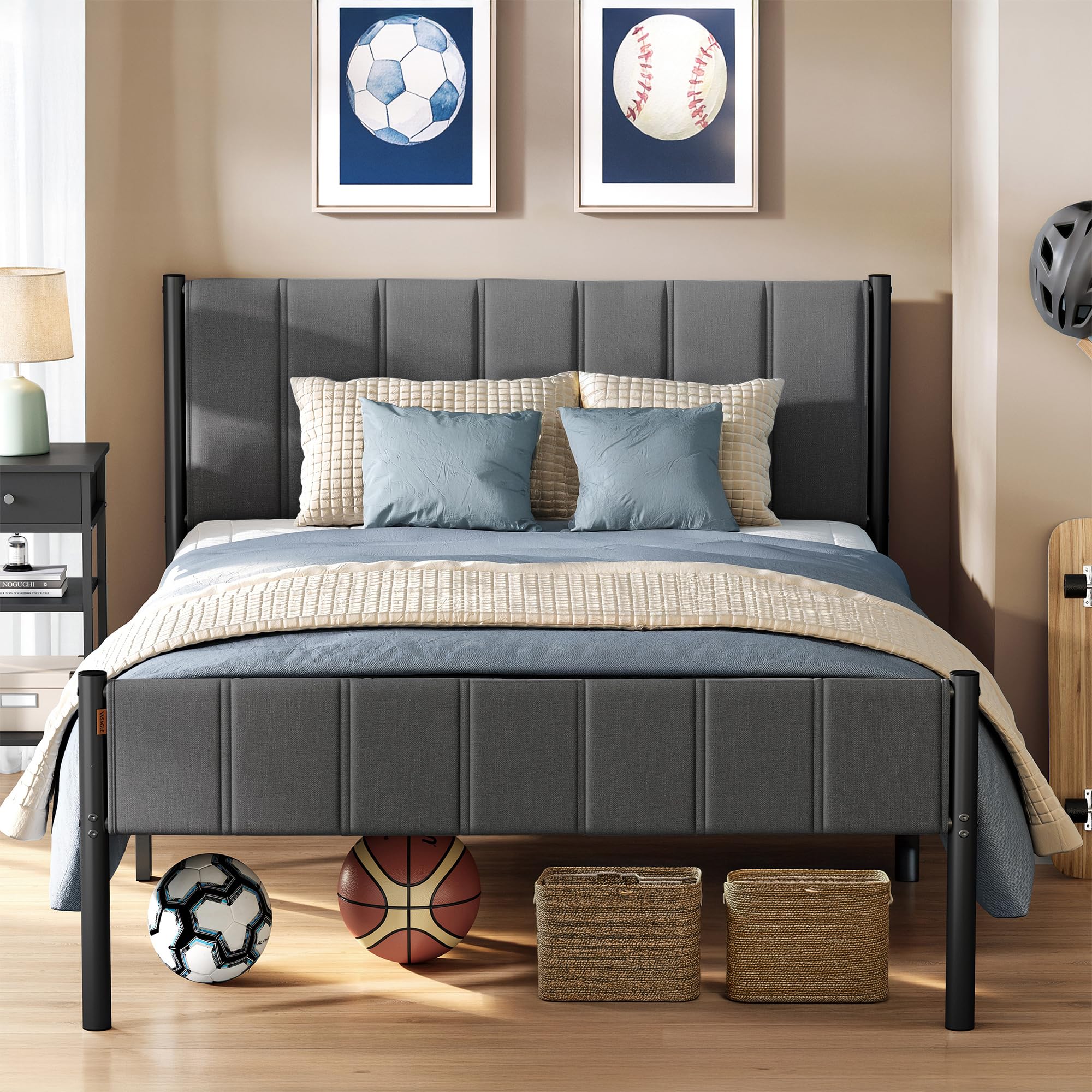 VASAGLE Double Bed Frame 135 x 190 cm with Upholstered Headboard | Noise Resistant | Slate Grey 1