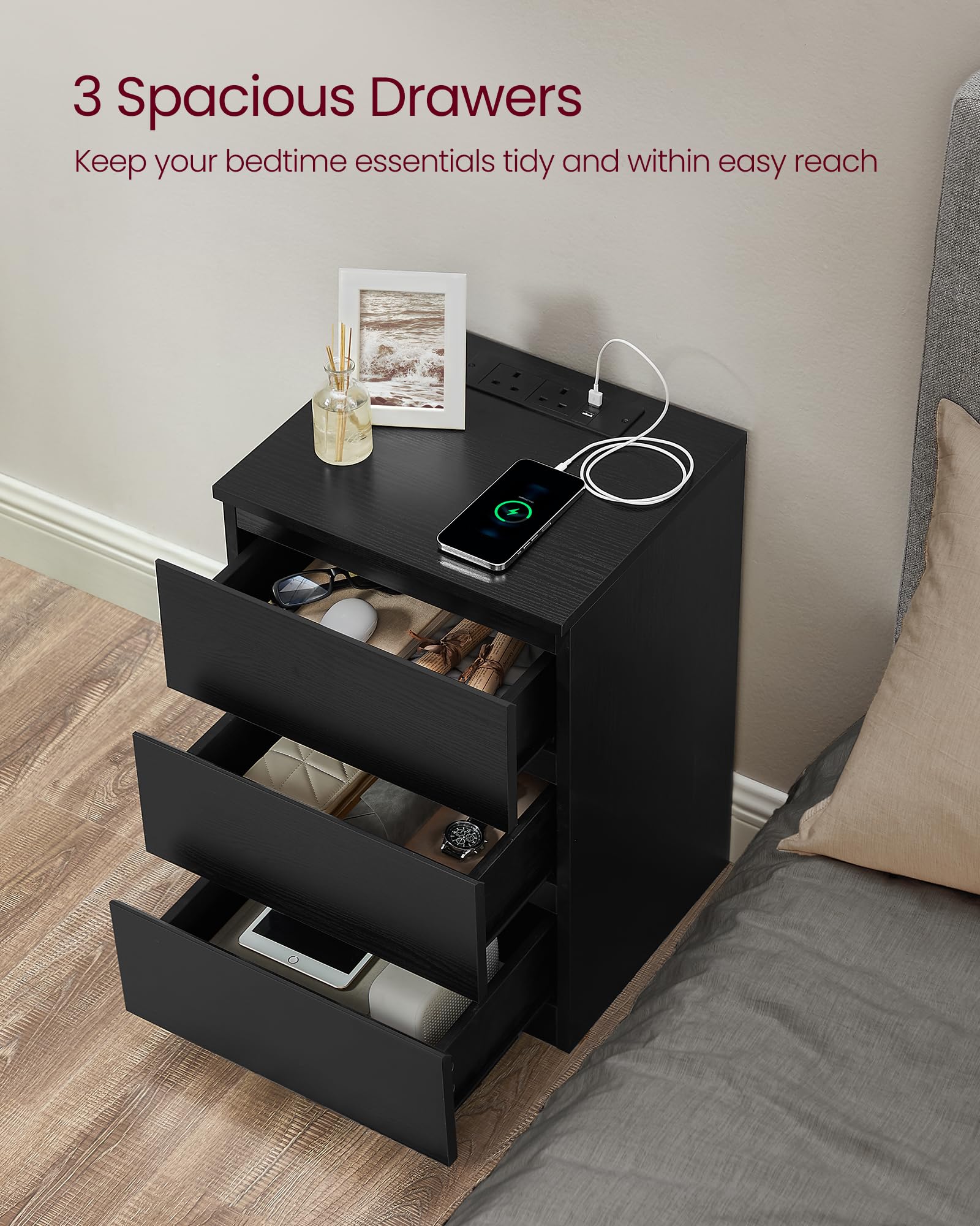 VASAGLE KAILYN Collection - Bedside Tables with Power Strip, Set of 2 | Ebony Black 5