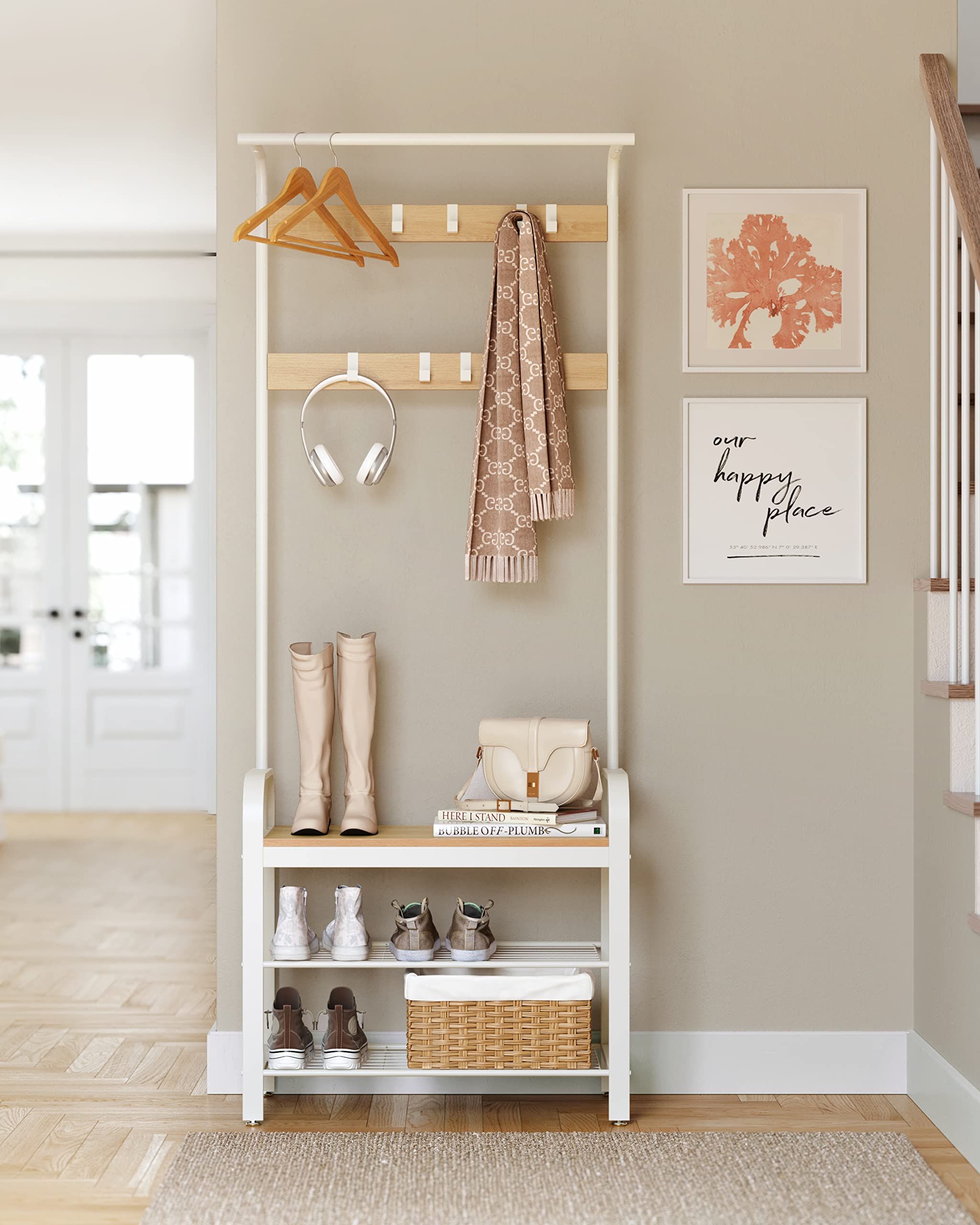 VASAGLE 4-in-1 Coat Rack with Shoe Storage Bench | 9 Removable Hooks | Industrial Oak & Cream | 72 x 33.7 x 183 cm 9