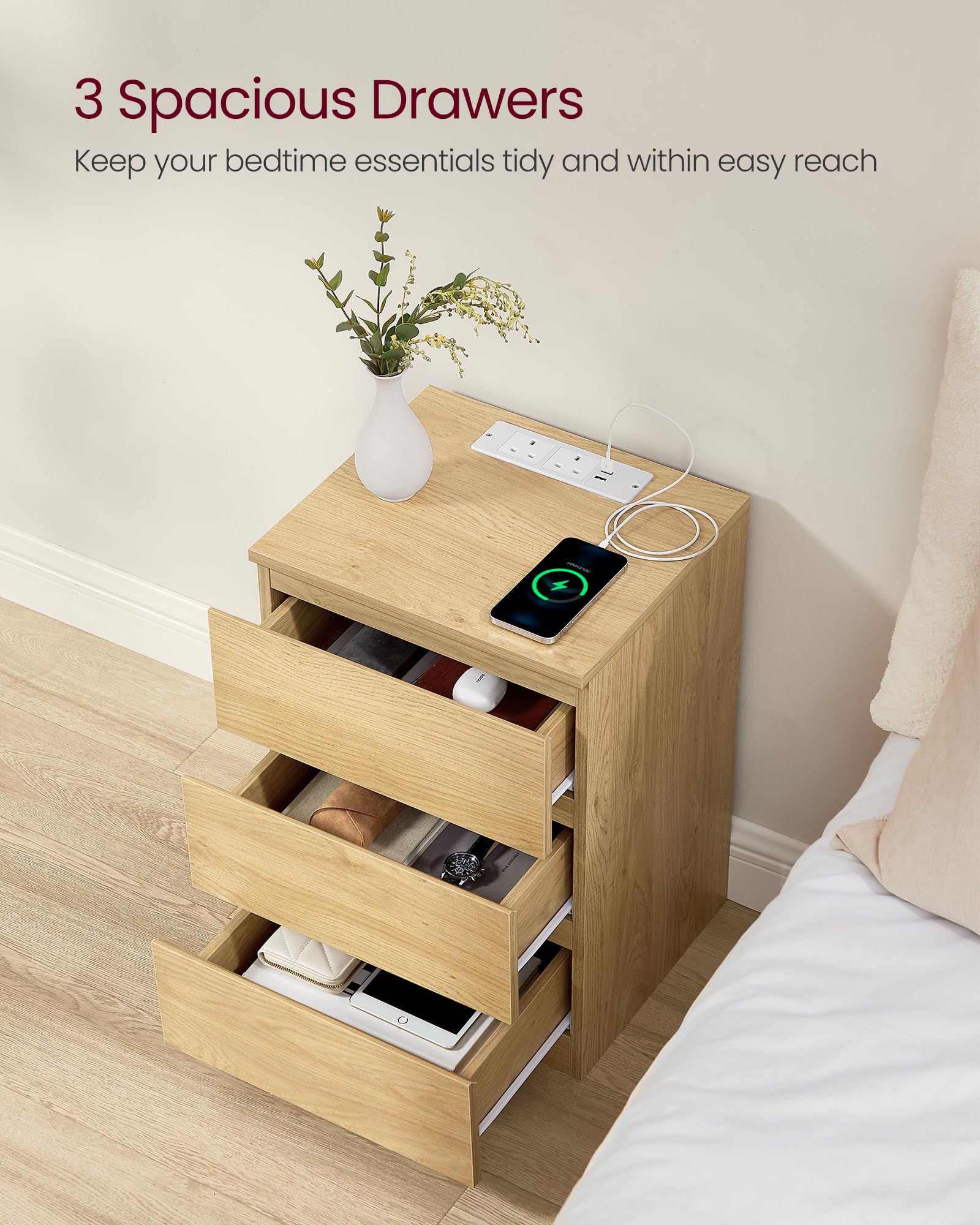 VASAGLE KAILYN Collection Bedside Table with Power Strip | 2 AC Outlets, 2 USB Ports | Straw Yellow 5