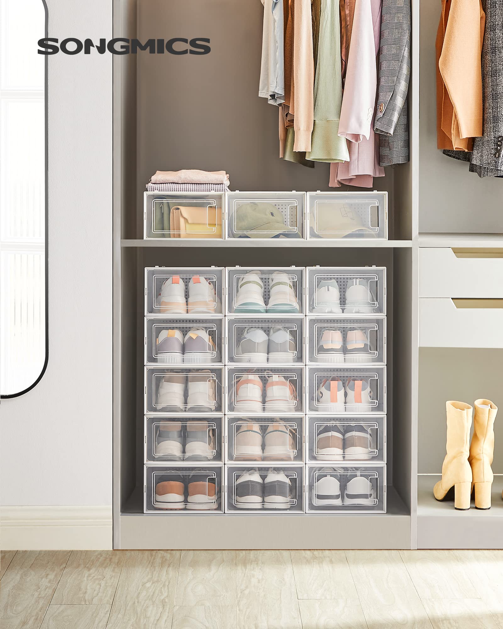 SONGMICS Shoe Boxes - Pack of 18 Stackable Storage Organisers | Transparent/White | Fits up to UK Size 11 2