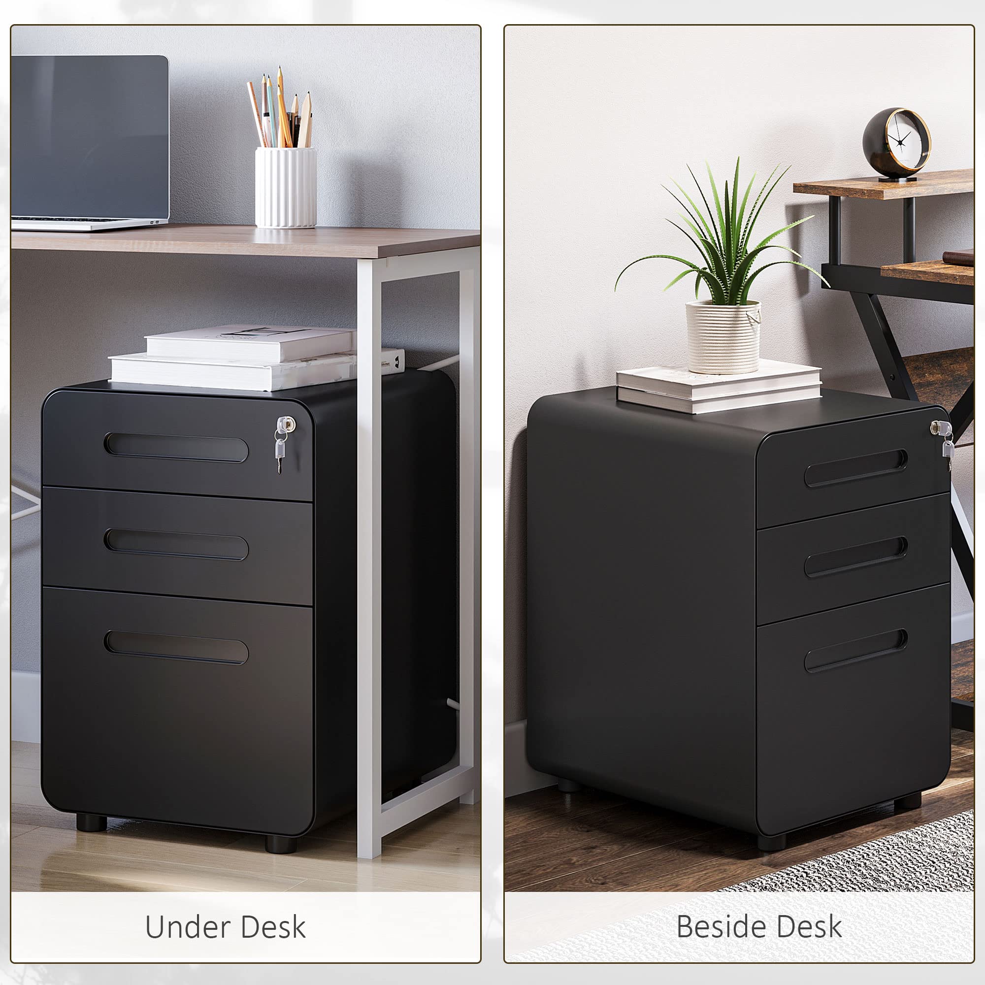 Vinsetto Lockable Mobile File Cabinet with 3 Drawers | Steel Body | Black | 39W x 48D x 59H cm 7