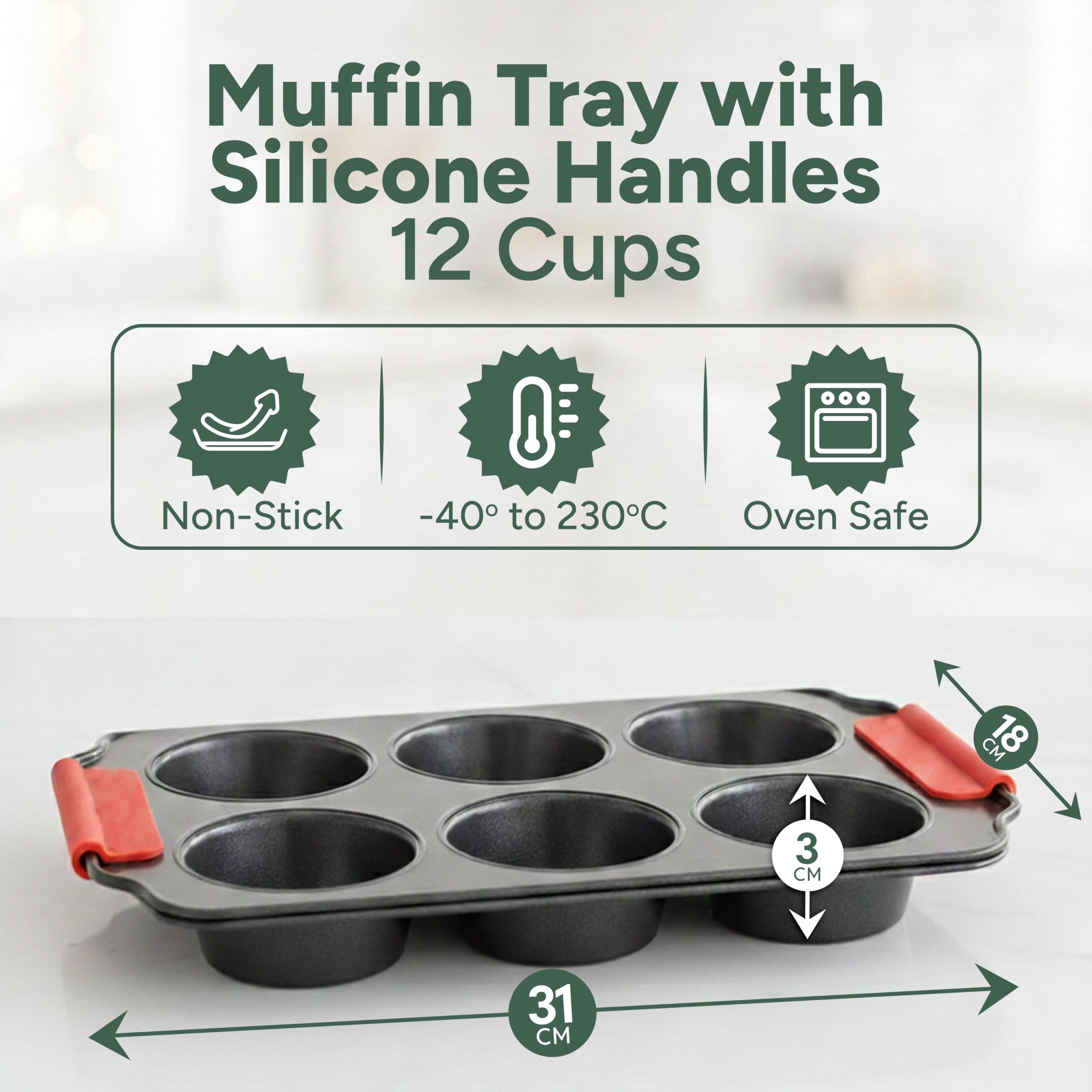 Zuvo Non-Stick 6 Cup Muffin & Cupcake Tin Tray with Silicone Handles | Carbon Steel