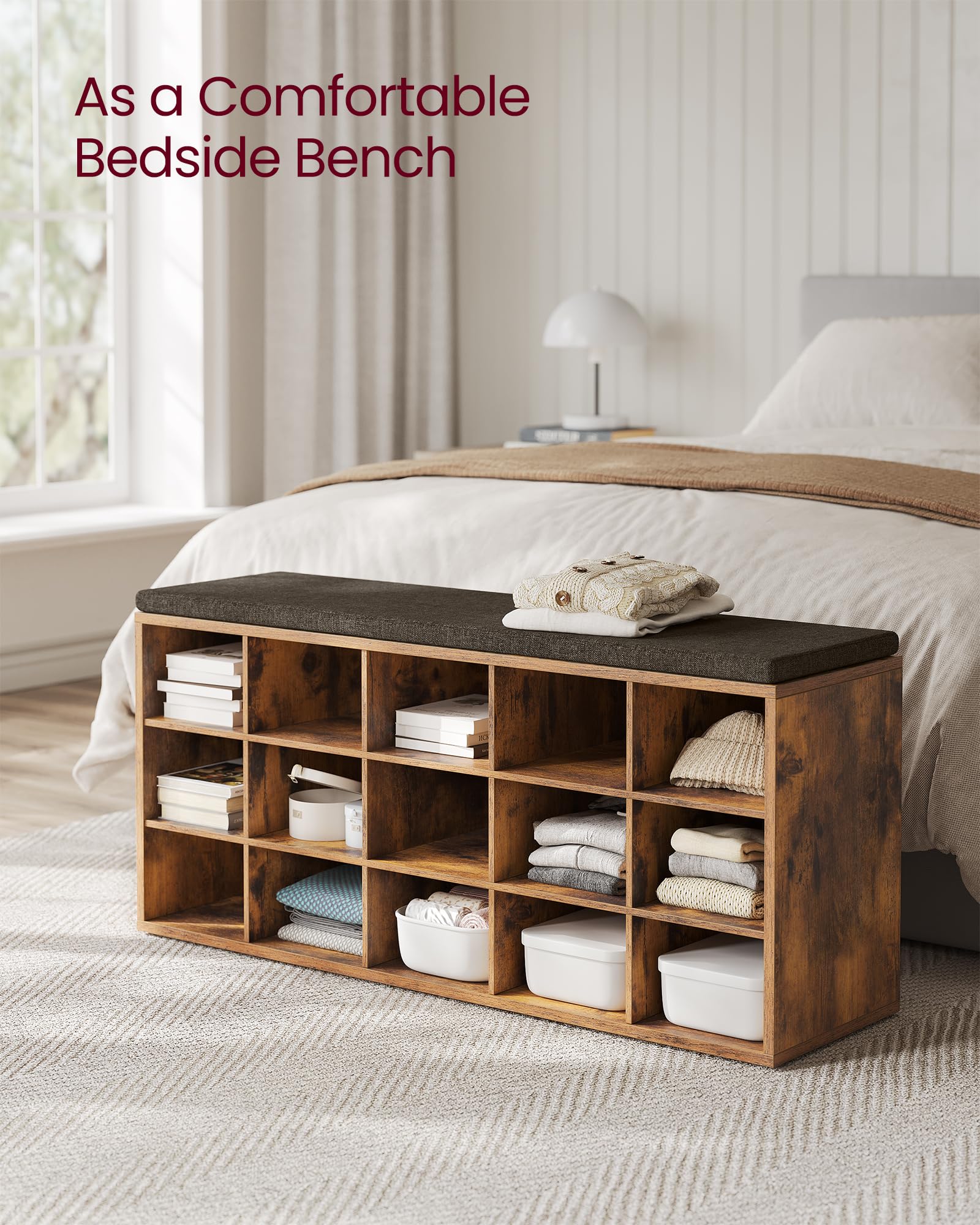 VASAGLE Shoe Storage Bench with Padded Seat | 15 Compartments | 30 x 105 x 48 cm | Rustic Brown/Chestnut Brown 4