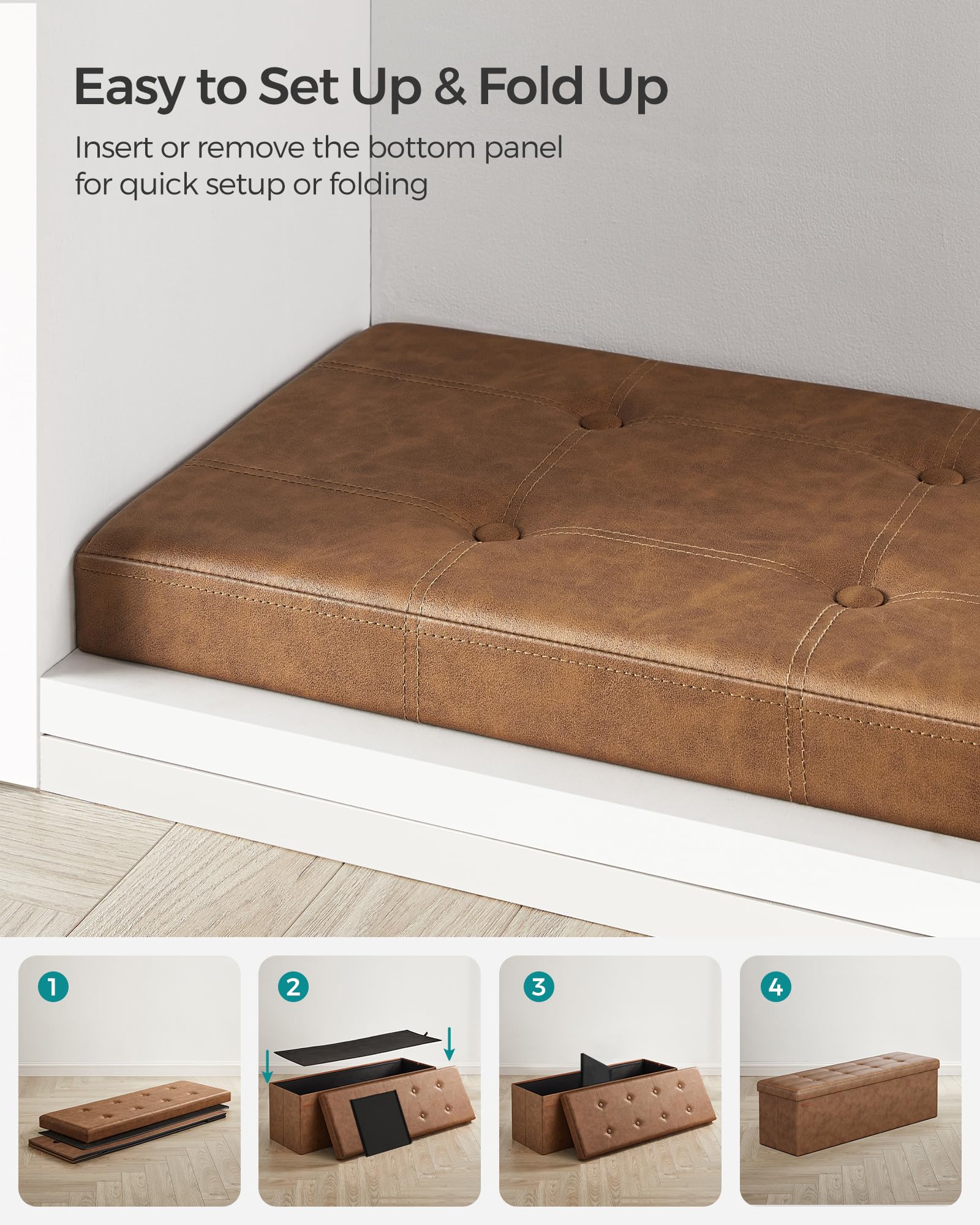 SONGMICS MAZIE Storage Ottoman Bench - 110 cm Folding Foot Rest | Coffee Brown | 300 kg Capacity 8