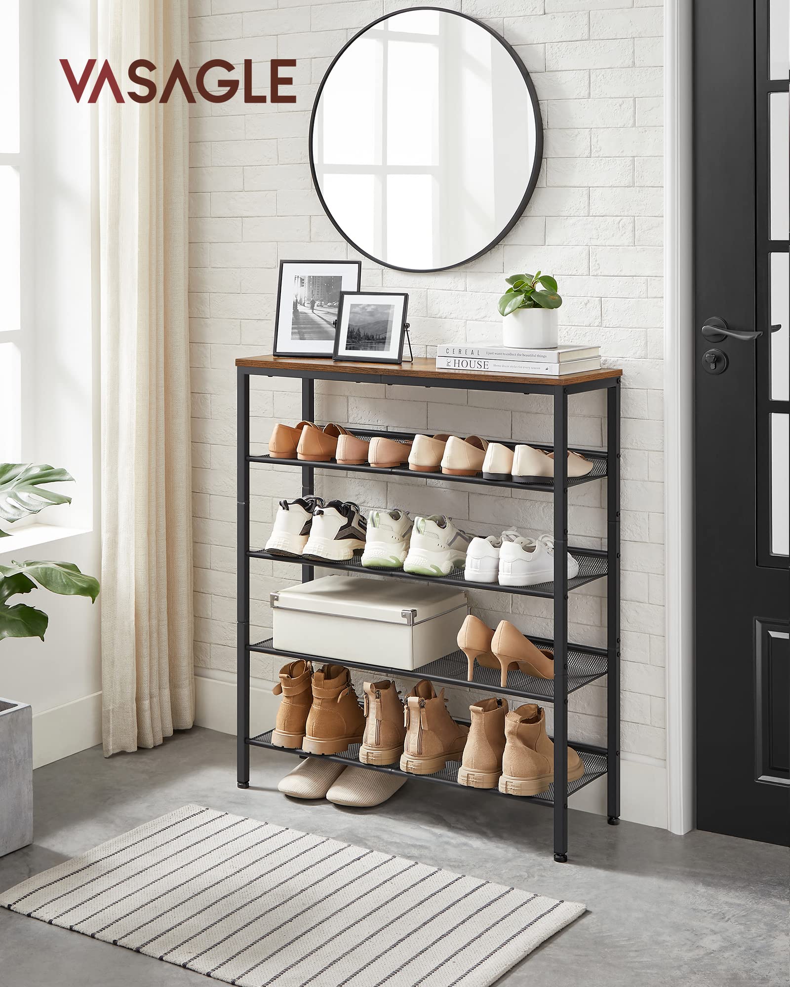 VASAGLE 5-Layer Shoe Rack - Rustic Industrial Design | 20-25 Pair Capacity | 93cm Height 2
