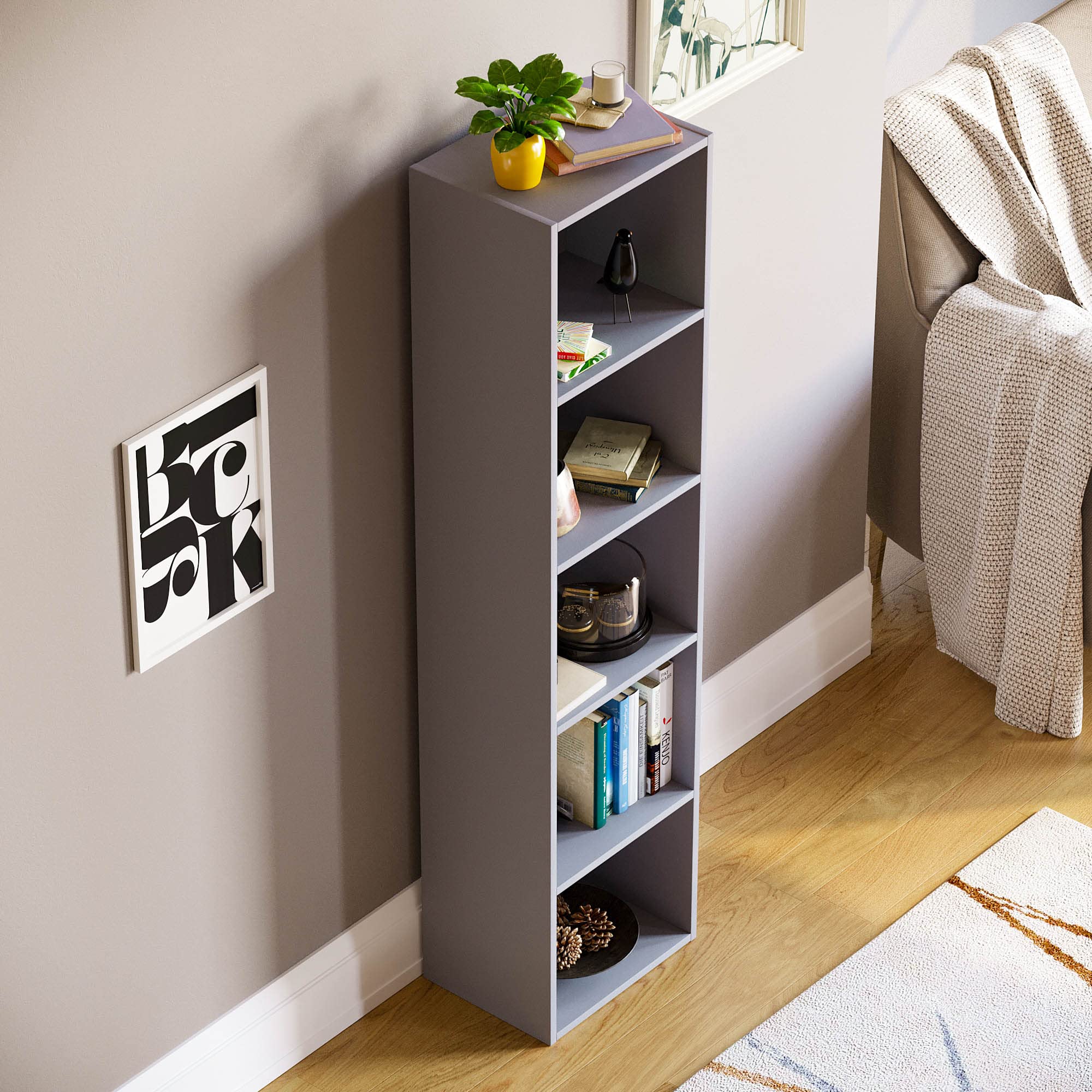 Vida Designs Oxford 5 Tier Cube Bookcase - Grey Wooden Shelving Unit | H 132 x W 32 x D 24 Cm 7