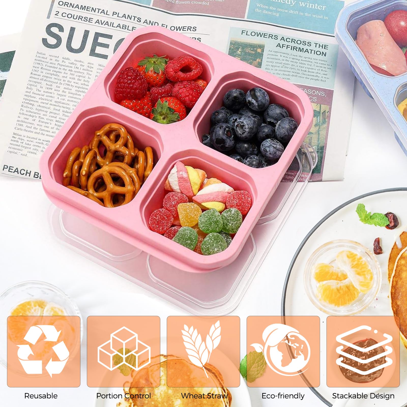 Woobroo Snack Box - 4 Pack Reusable Meal Prep Containers | Wheat Straw | Stackable 3