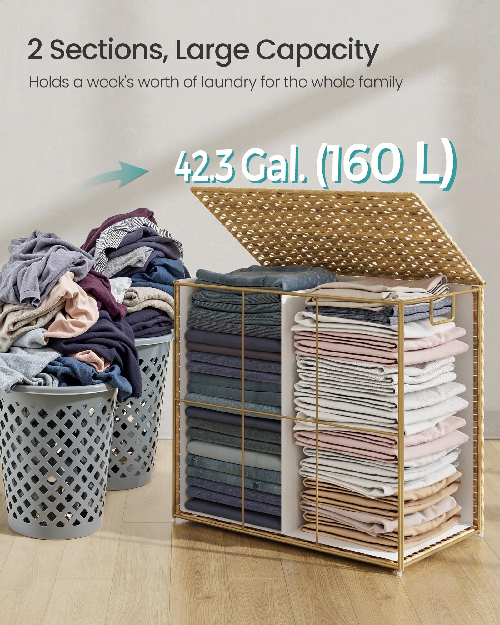 SONGMICS 160L Synthetic Rattan Laundry Basket with Lid and Handles | Natural Colour | Foldable 5