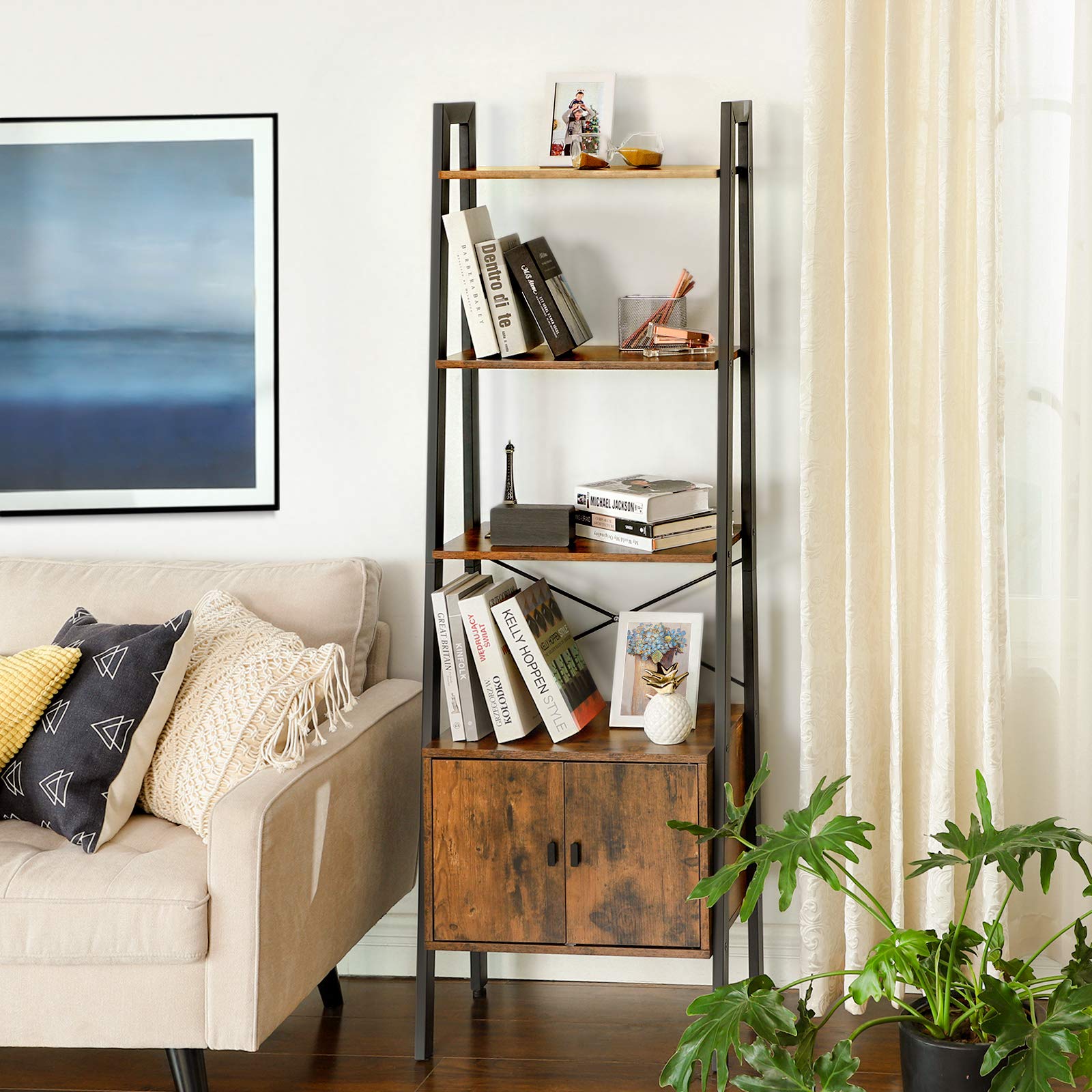 VASAGLE Shelf Ladder Bookcase - 4 Tiers with Cupboard | Industrial Style | Rustic Brown 4