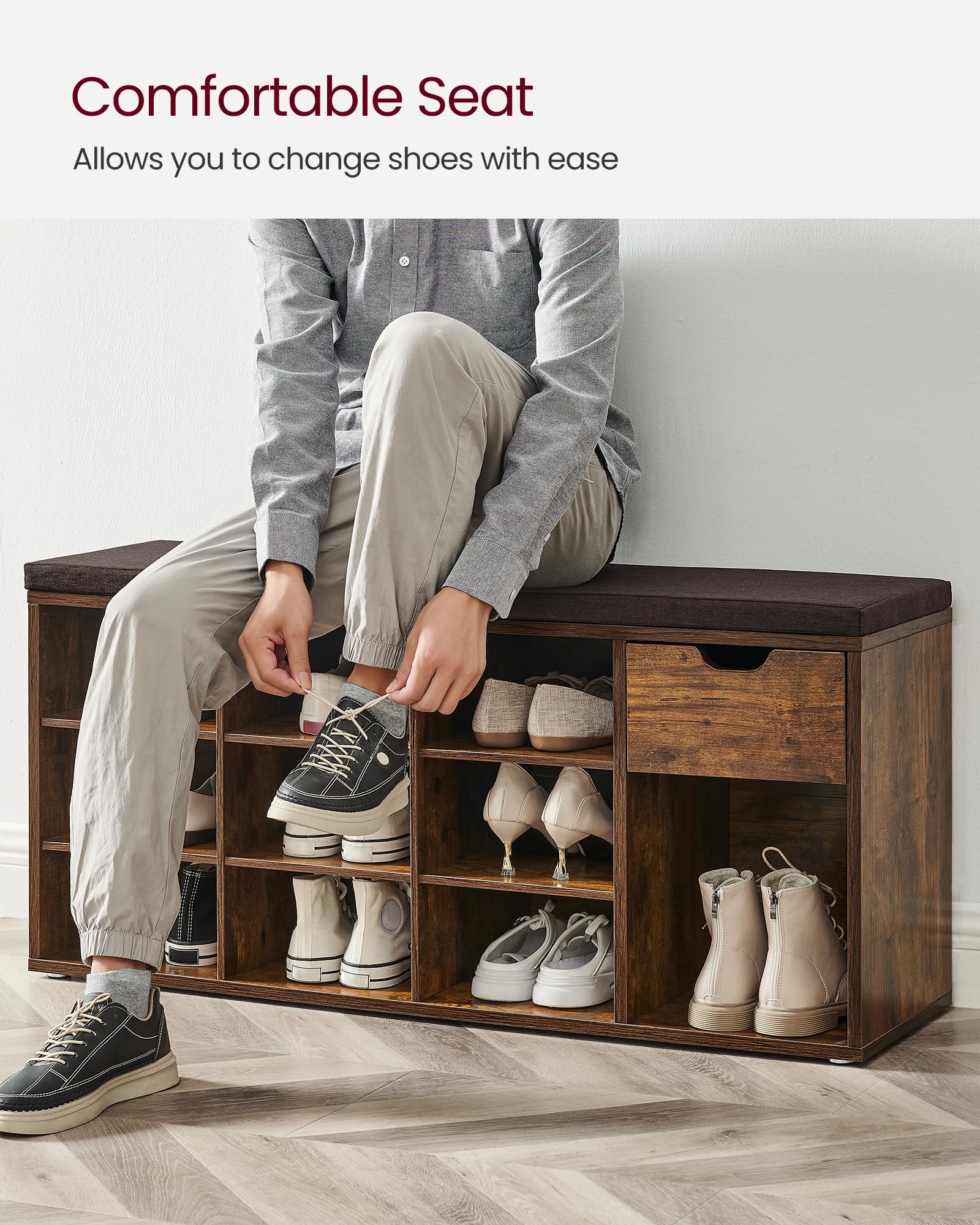 VASAGLE Shoe Storage Bench with Cushion, Drawer, and Open Compartments | 104 cm Width 7