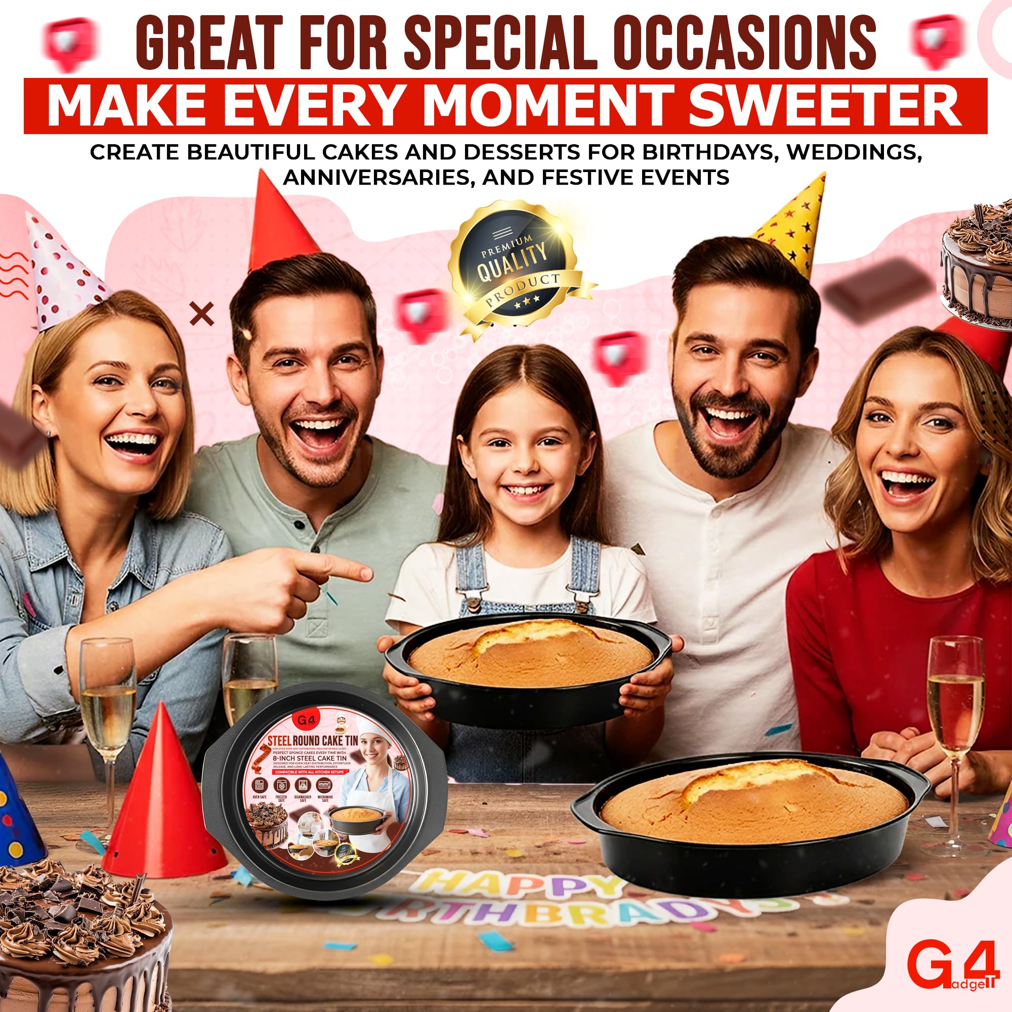 G4GADGET 8 Inch Round Cake Tin | Non-Stick Carbon Steel Baking Pan for Cakes and Cheesecakes 8