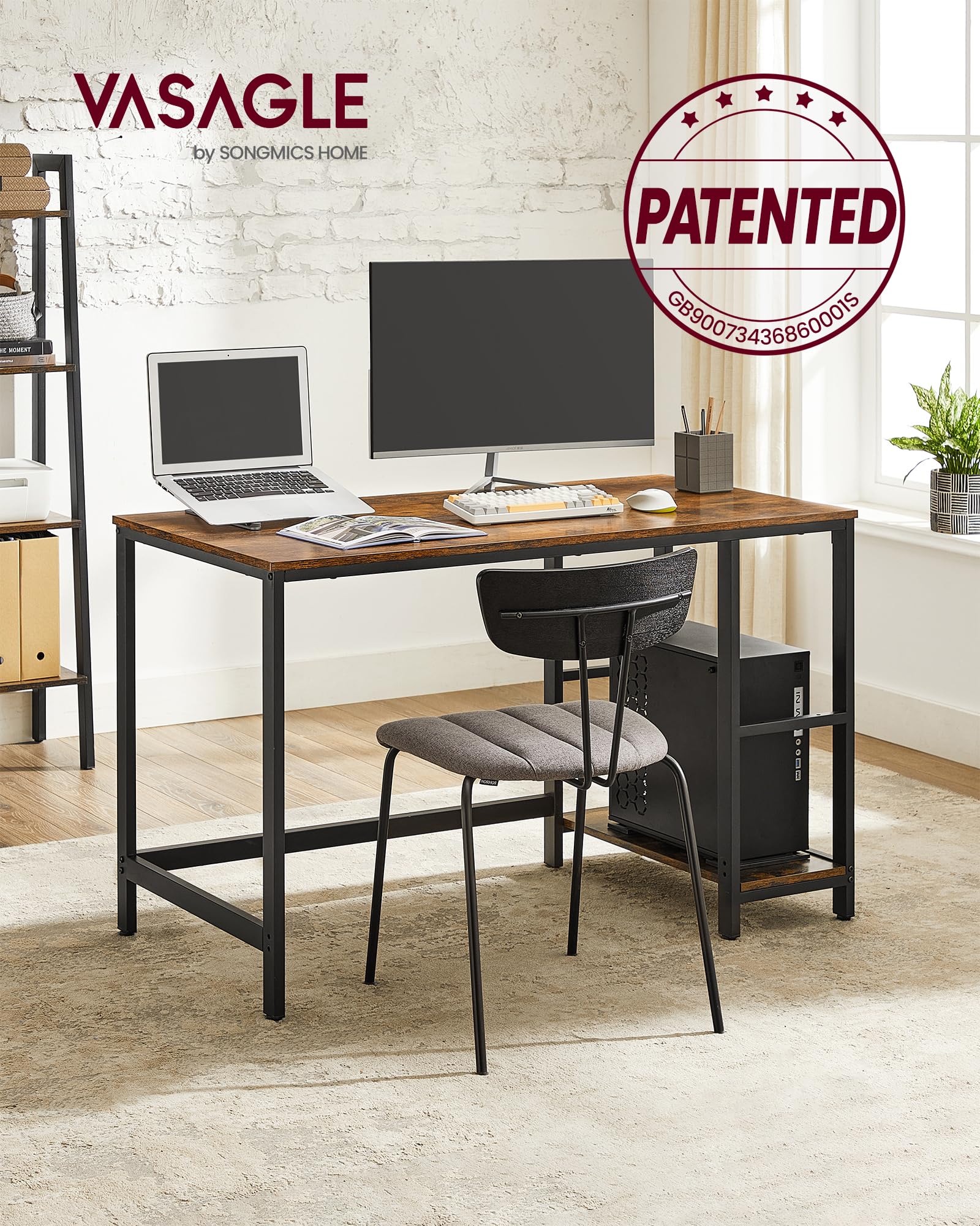 VASAGLE Computer Desk - Writing Desk with 2 Shelves | 120 x 60 cm Desktop | Rustic Brown + Black 4