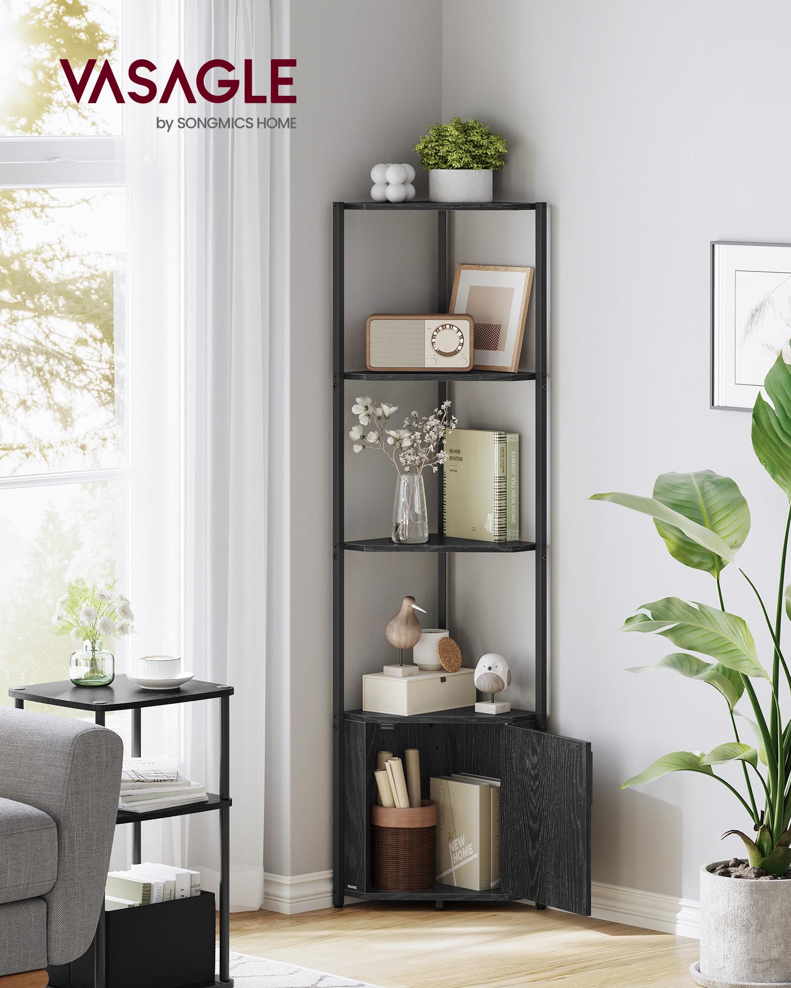 VASAGLE 5-Tier Corner Shelf with Storage Cabinet | Space-Saving Right-Angle Design | Ebony Black 2