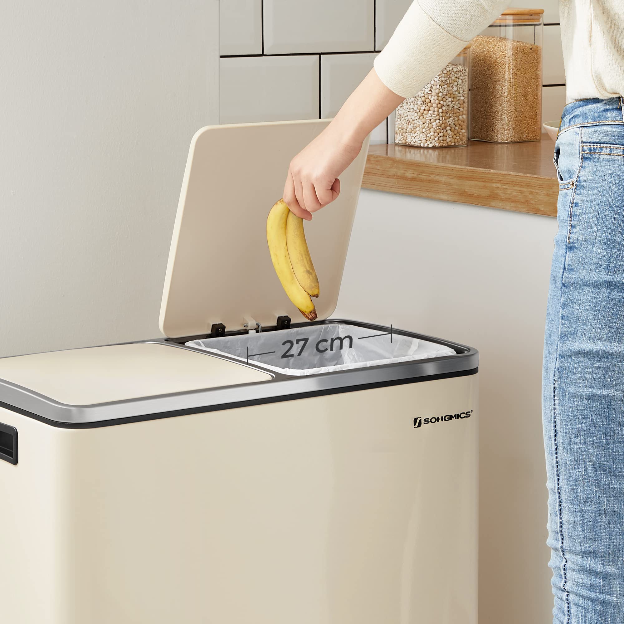 SONGMICS Dual Recycling Bin - 2 Compartments, 2 x 30L Capacity, Cream | Soft Close Pedal | Steel 7