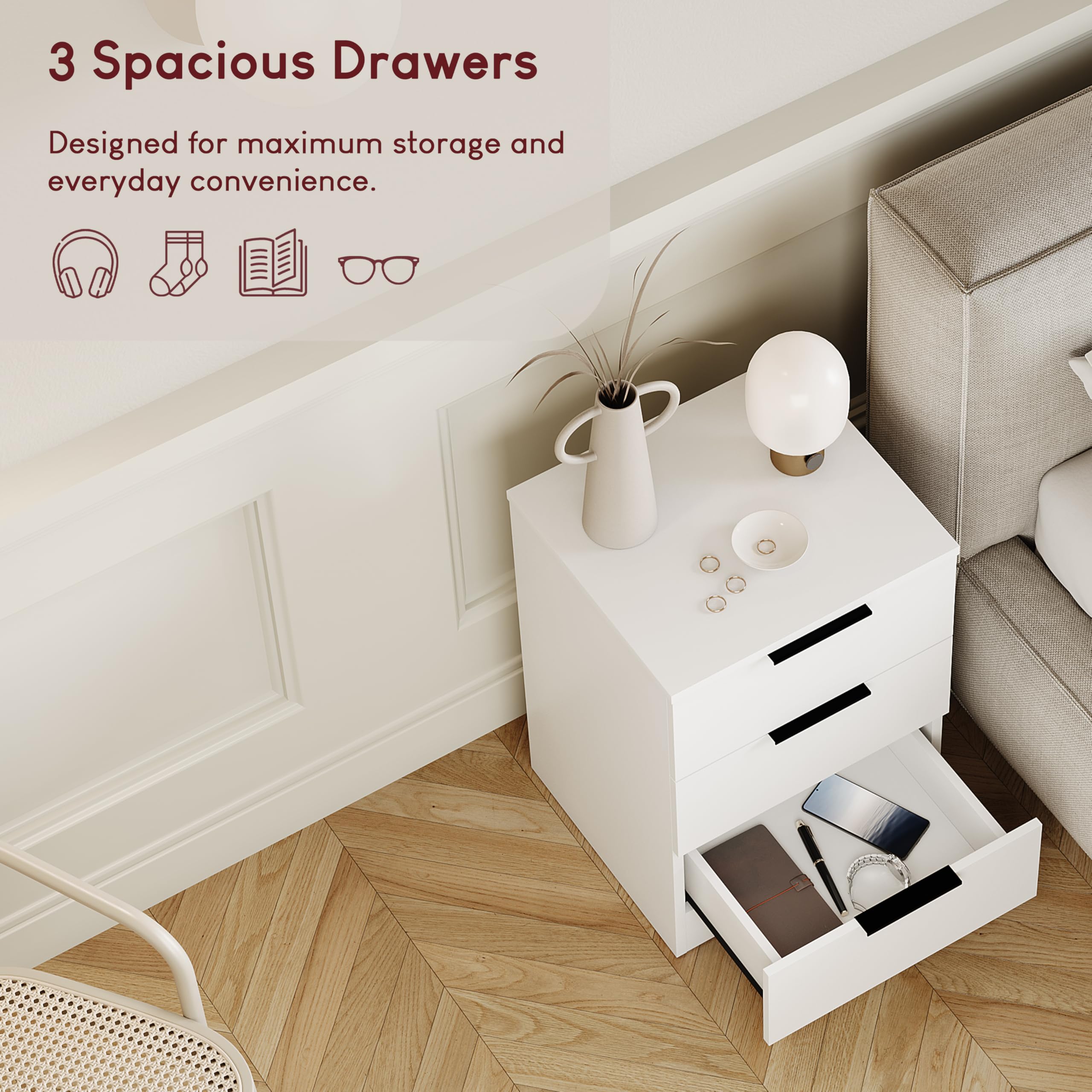 Vida Designs Trega 3 Drawer Bedside Cabinet - White | Space Saving | Engineered Wood 5