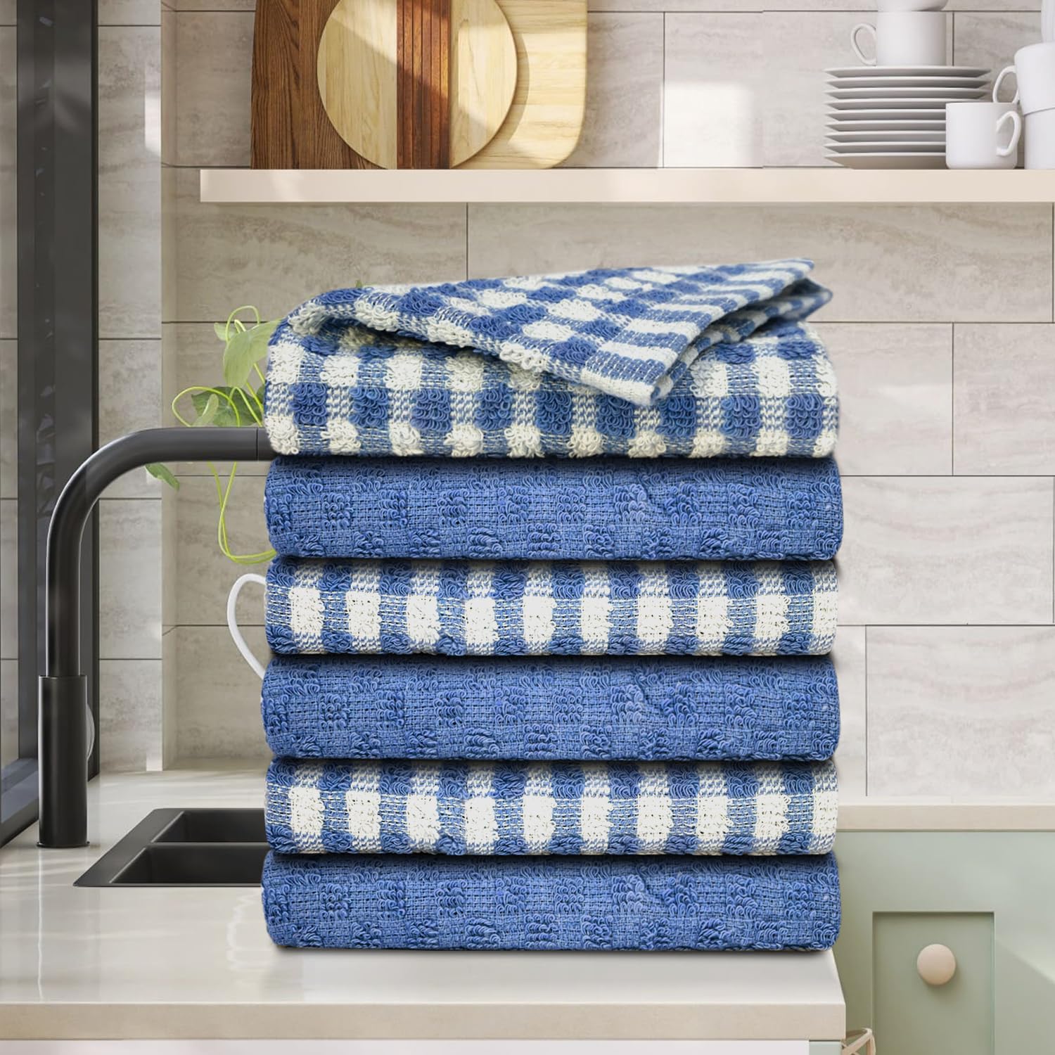 Casabella Pack of 6 Cotton Kitchen Tea Towels - Highly Absorbent & Durable | Blue | 45x65cm 8