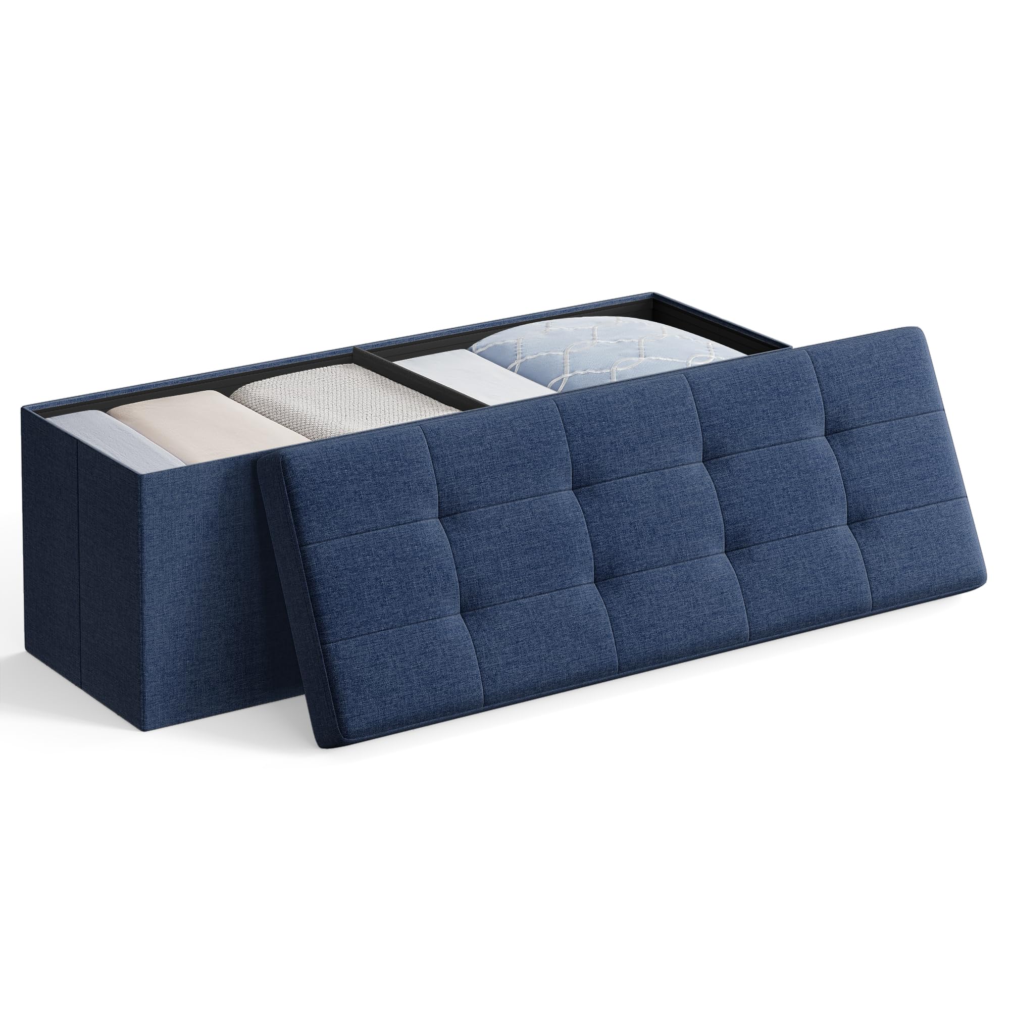 SONGMICS MAZIE Storage Ottoman Bench - 110 cm Folding Foot Rest | Dark Blue | 131L Capacity 1