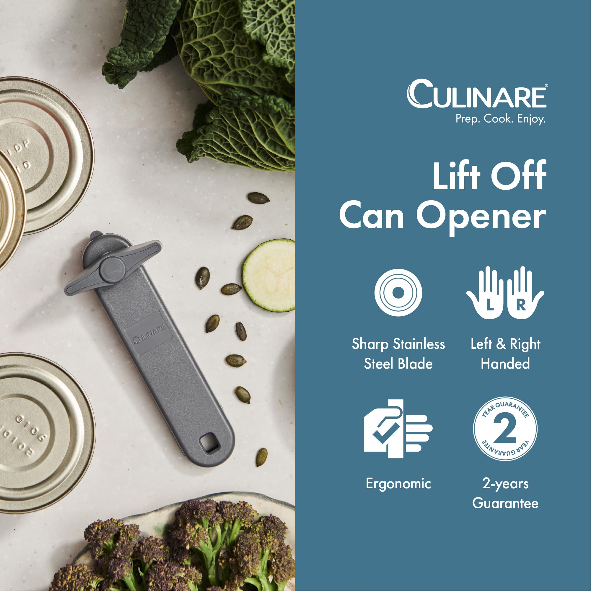 CULINARE Lift Off Tin Opener - Side-Cutting Mechanism | Grey Plastic/Stainless Steel | Manual Operation