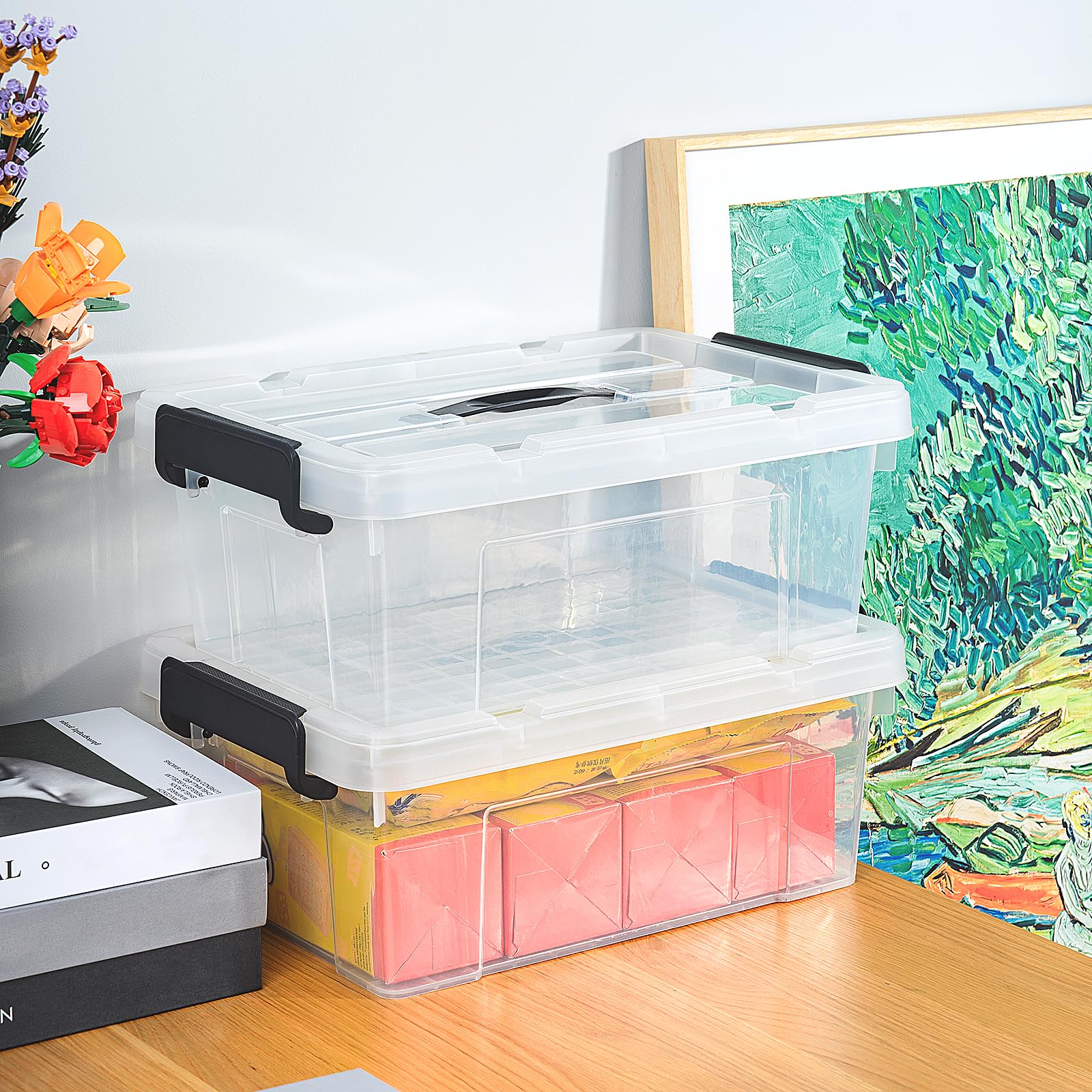 Cetomo 15L Storage Boxes with Lids, Clear Plastic Organization Totes | 6 Pack 6