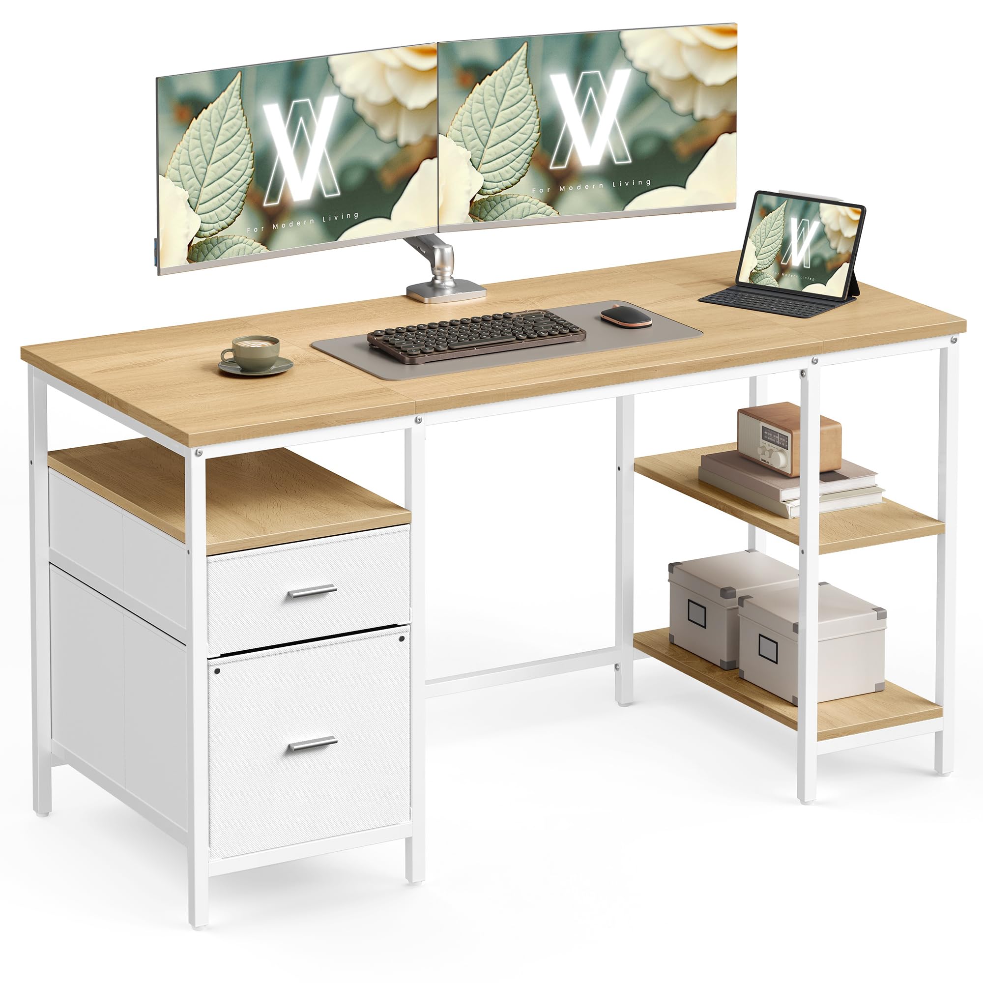 VASAGLE Computer Desk with 3 Shelves & 2 Drawers | 140 x 60 cm | Natural Oak + Pearl White