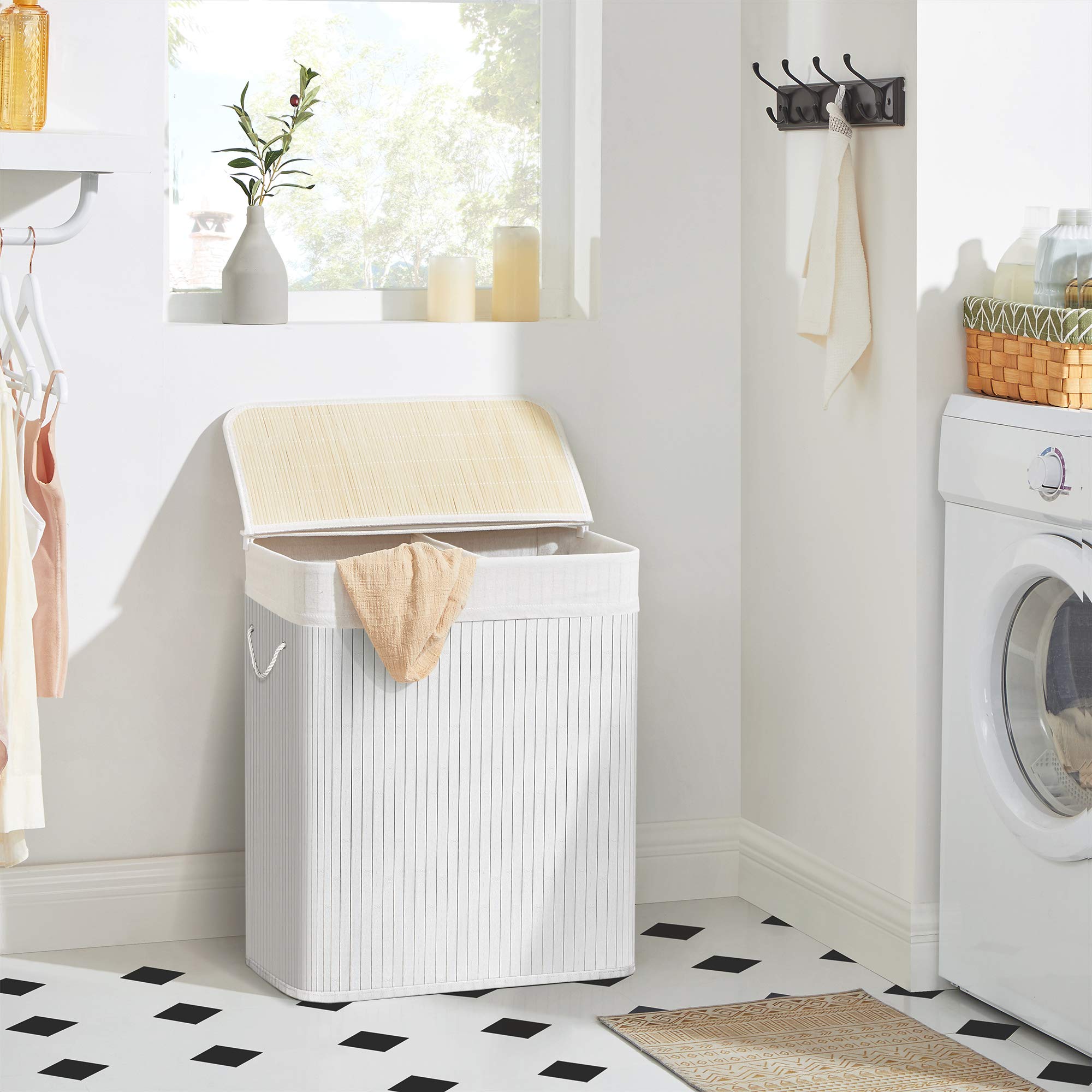 SONGMICS Bamboo Laundry Basket with Lid - 100L Capacity | 2 Sorting Compartments | Removable Liner 3