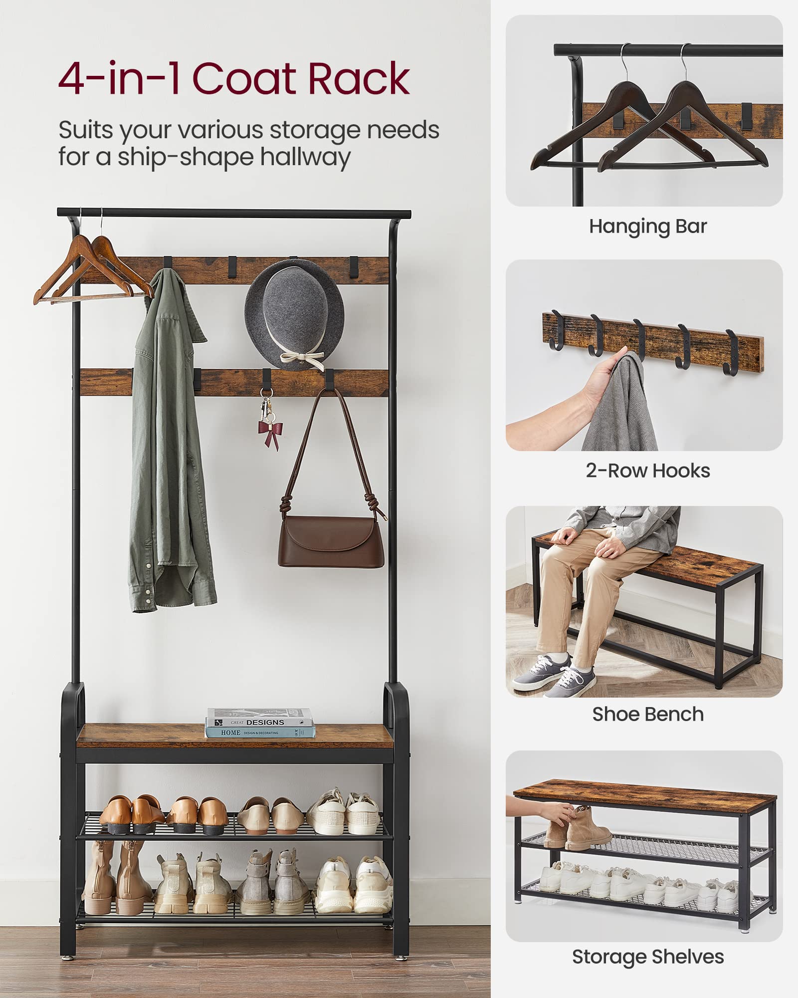 VASAGLE 4-in-1 Coat Rack with Shoe Storage Bench | 9 Removable Hooks | Rustic Brown/Black 3