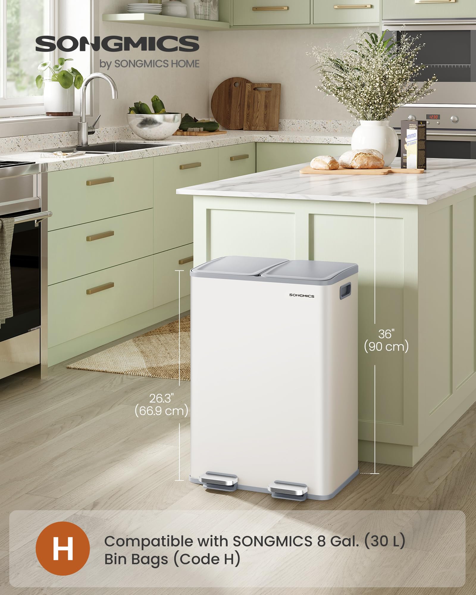 SONGMICS Kitchen Bin - Dual Compartment Pedal Trash Can | 2 x 30 L Capacity | Matte White Steel 2