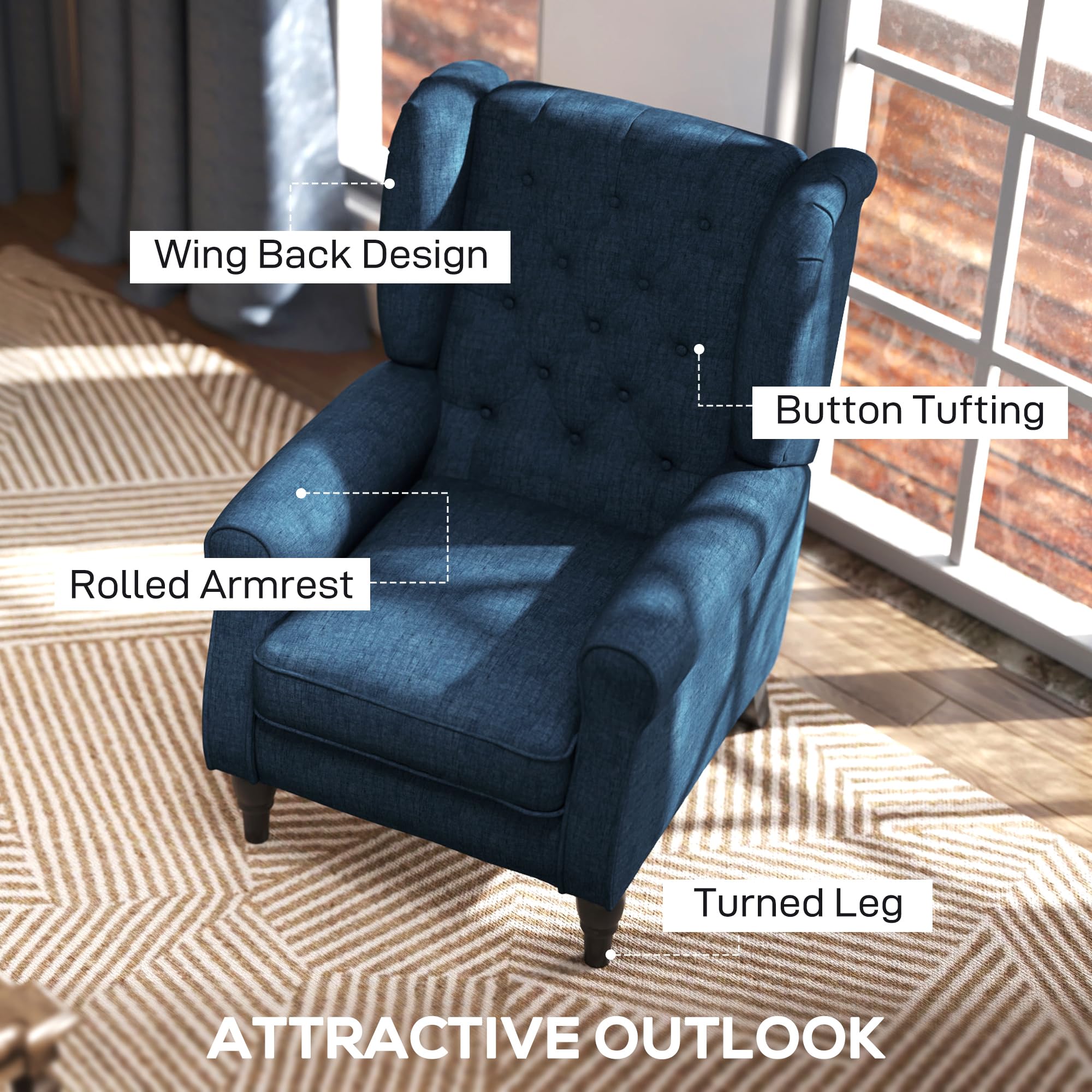 HOMCOM Retro Wingback Armchair - Snow Flannel, Button-Tufted, Blue | Supports 160kg 4