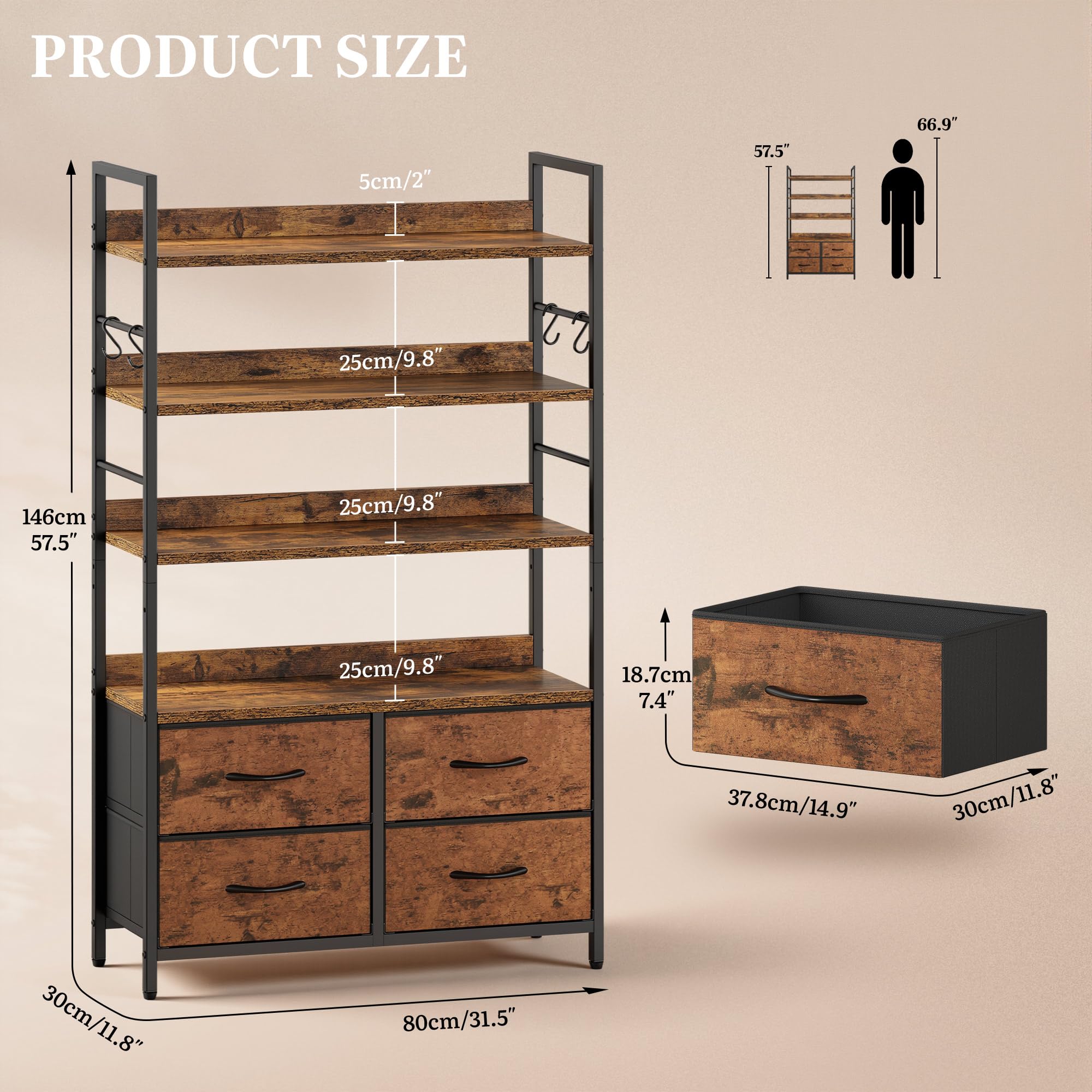 YITAHOME Industrial Bookshelf - 4-Tier with Adjustable Shelves & Drawers | Rustic Brown