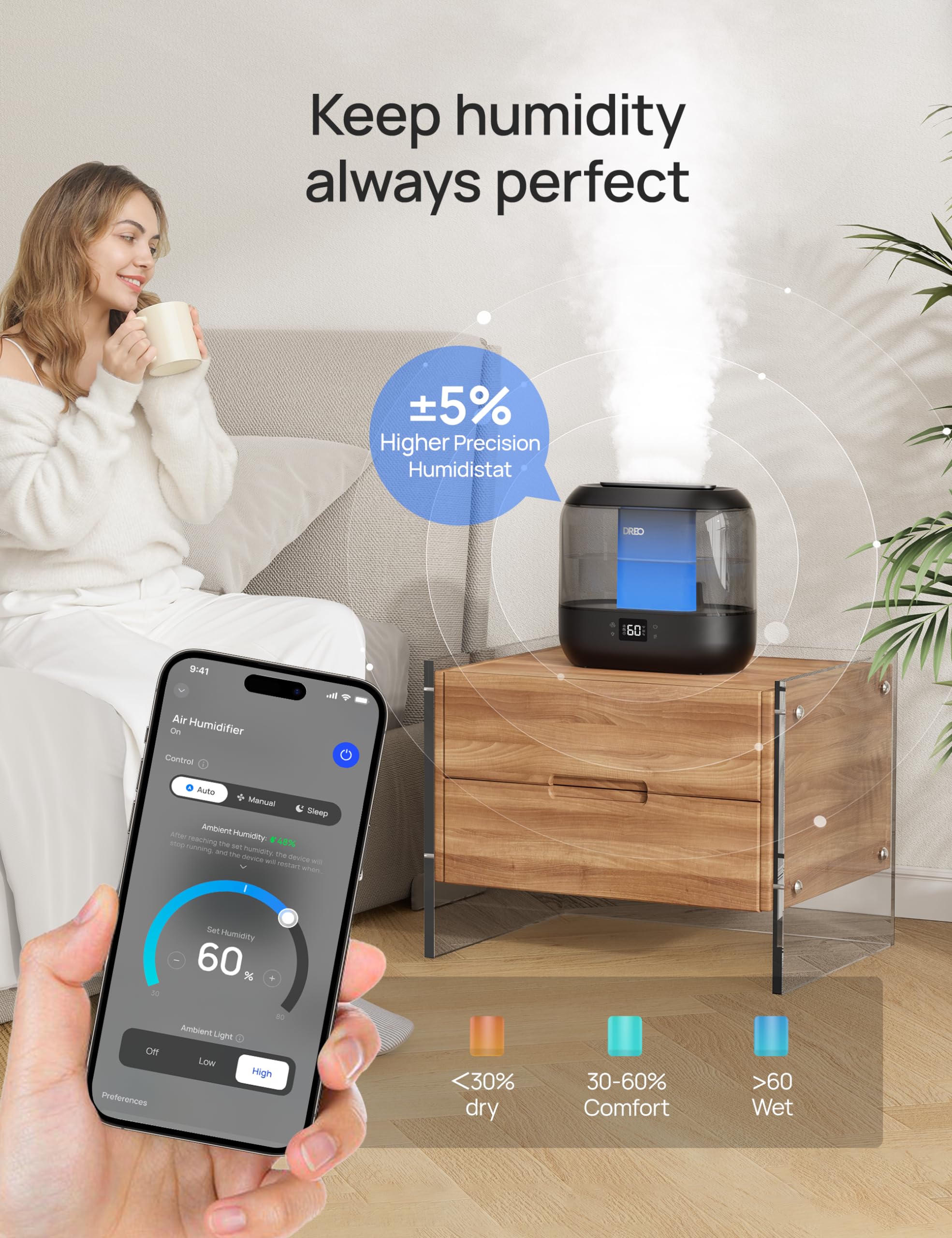 Dreo Smart Cool Mist Humidifier for Bedroom Baby - 4L, 36H Runtime, App/Voice Control | Black 5