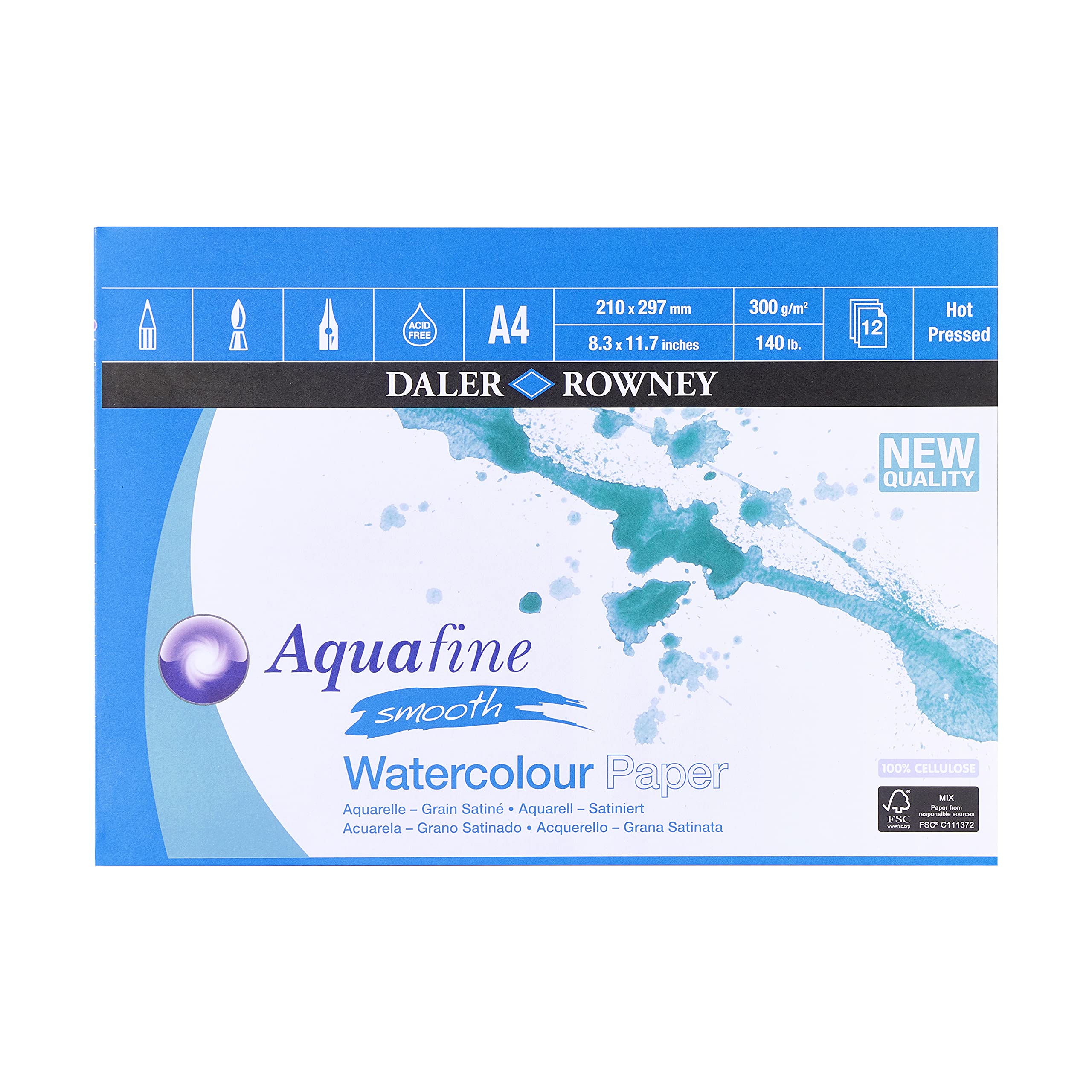 Daler Rowney Aquafine Smooth Hot-Pressed Watercolour Paper Pad | 300gsm, A4, 12 Sheets, Acid-Free 1